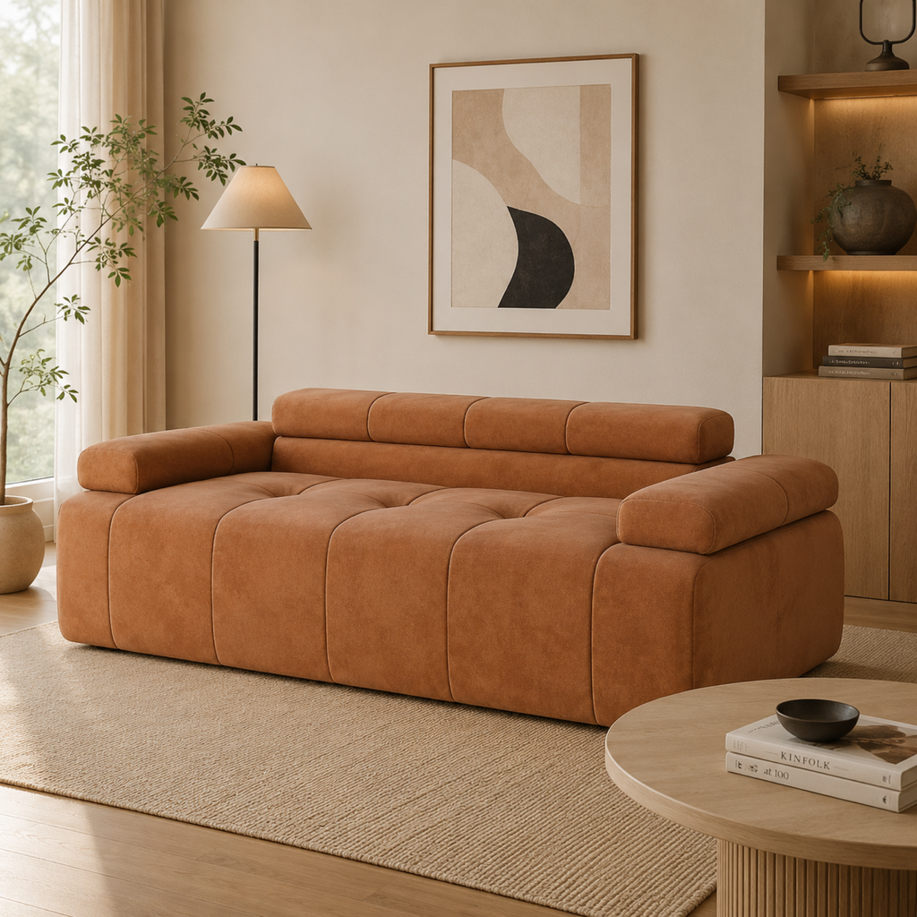 Low-profile velvet modular sofa with deep seating