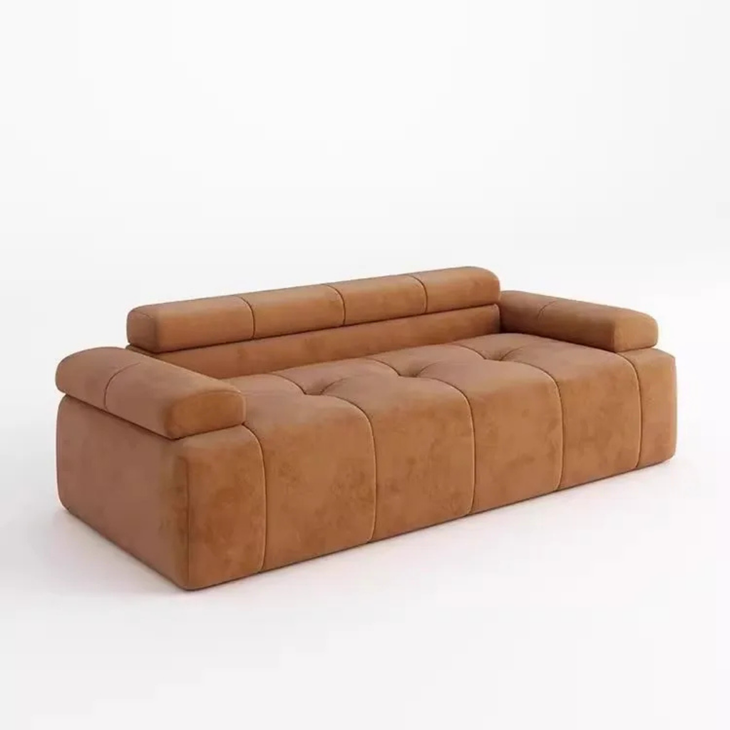 Brown low-profile velvet sofa
