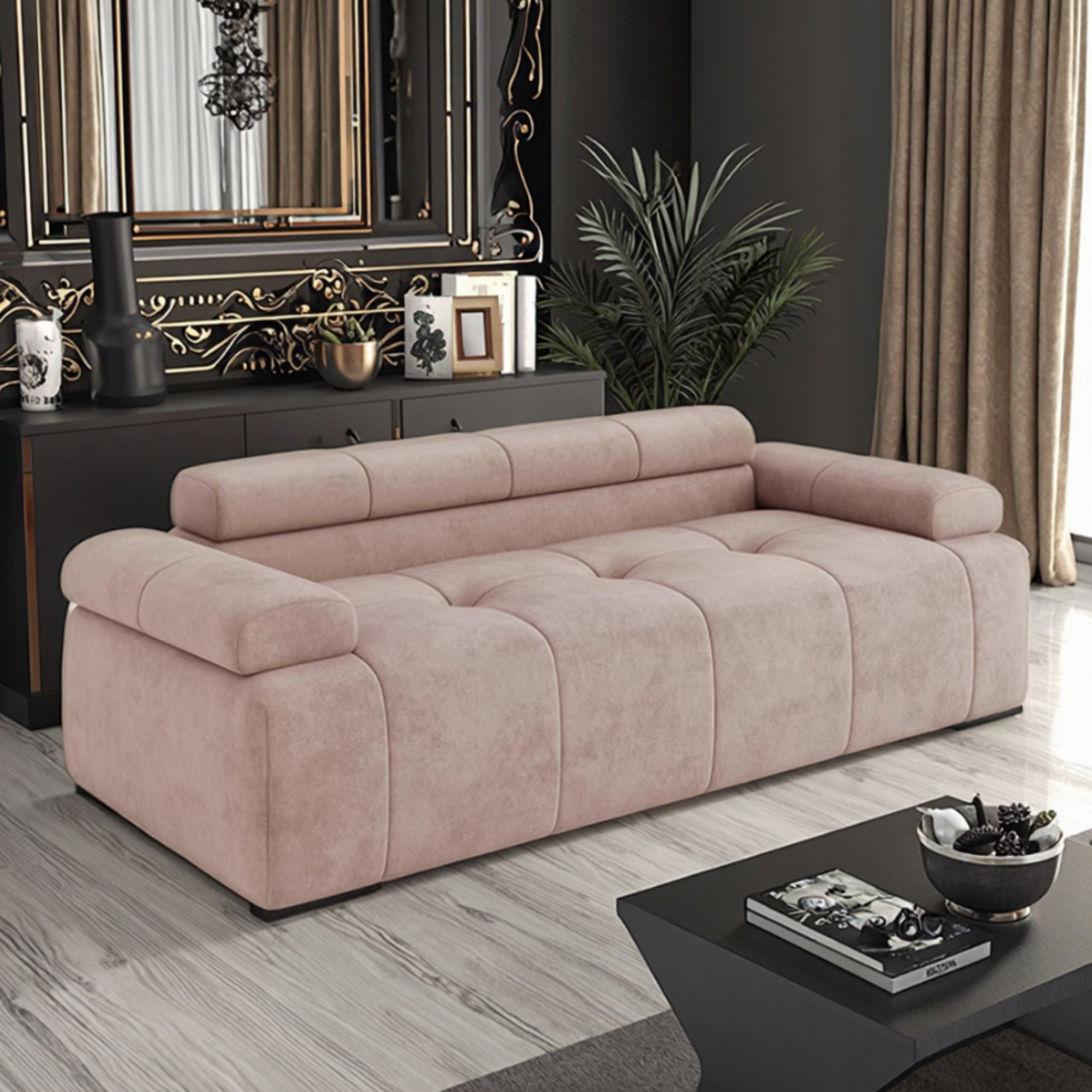 Low-profile velvet sofa in a living room