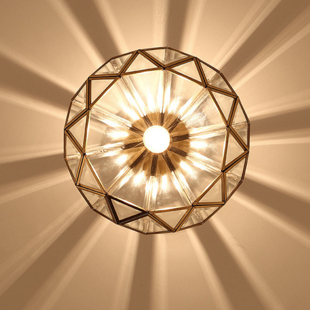 Bottom view of the luxury all copper round glass ceiling light