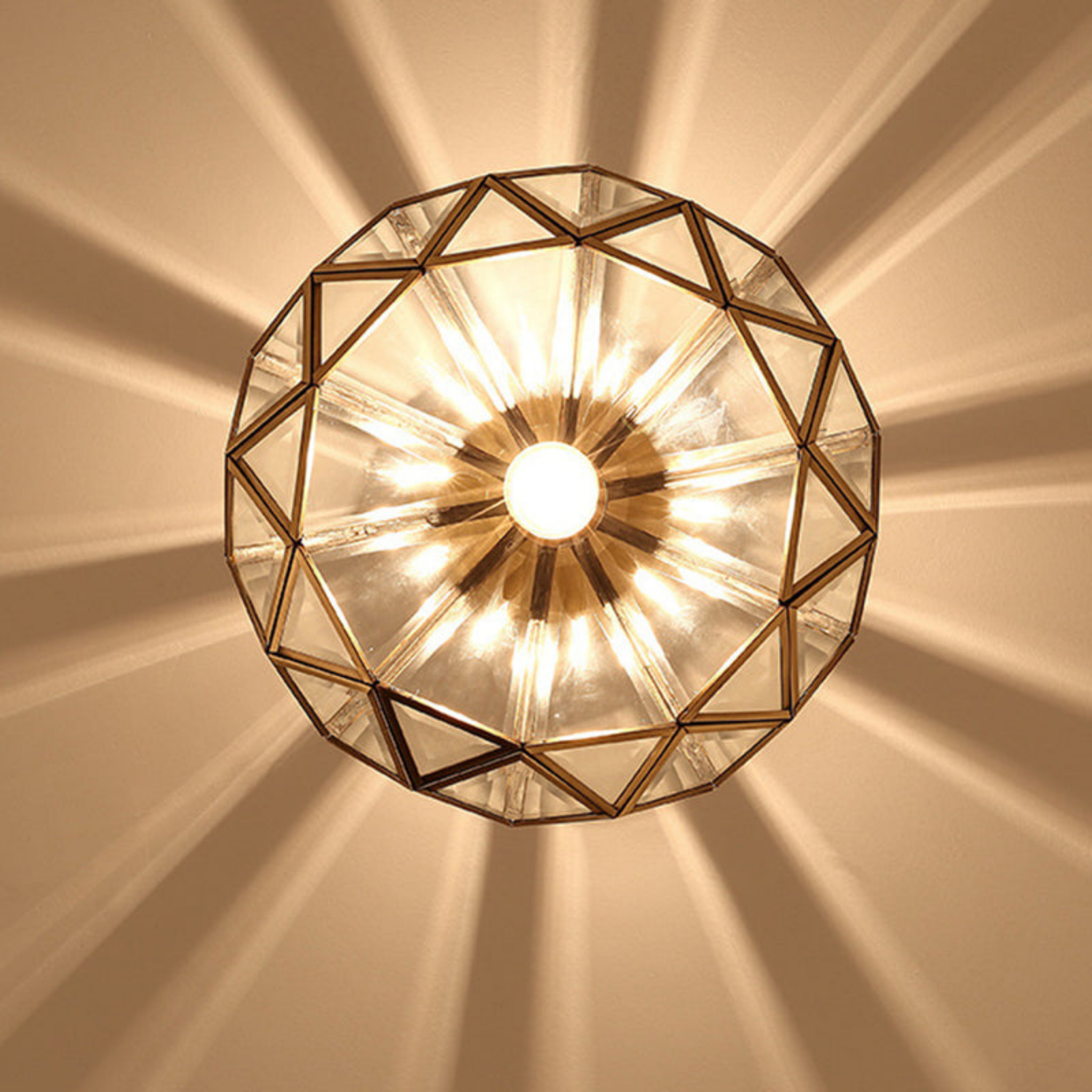Bottom view of the luxury all copper round glass ceiling light