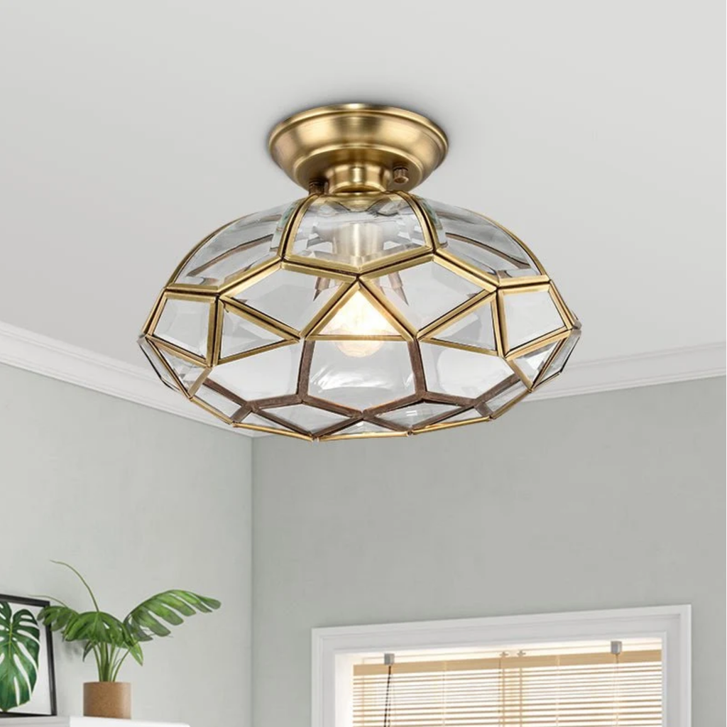 Luxury all copper round glass ceiling light turned on