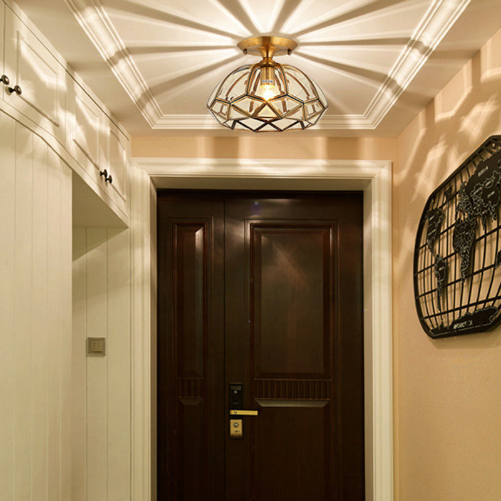 Luxury all copper round glass light in a hallway