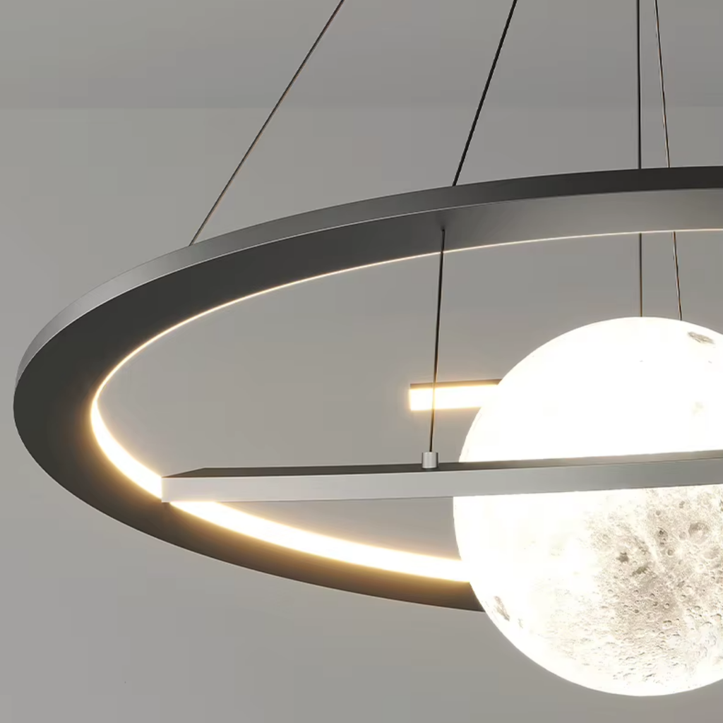Angled view of the luxury crescent moon LED pendant chandelier