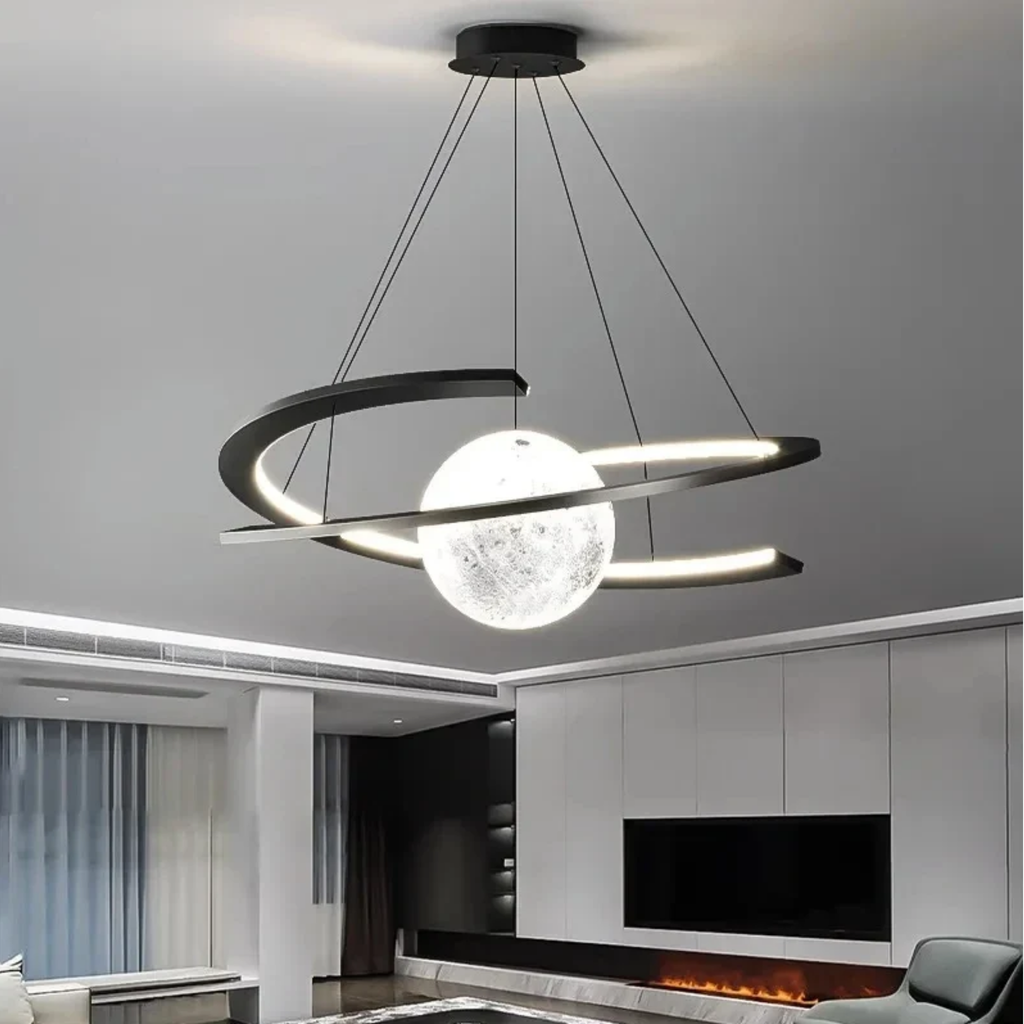 Luxury crescent moon LED pendant chandelier in a living room