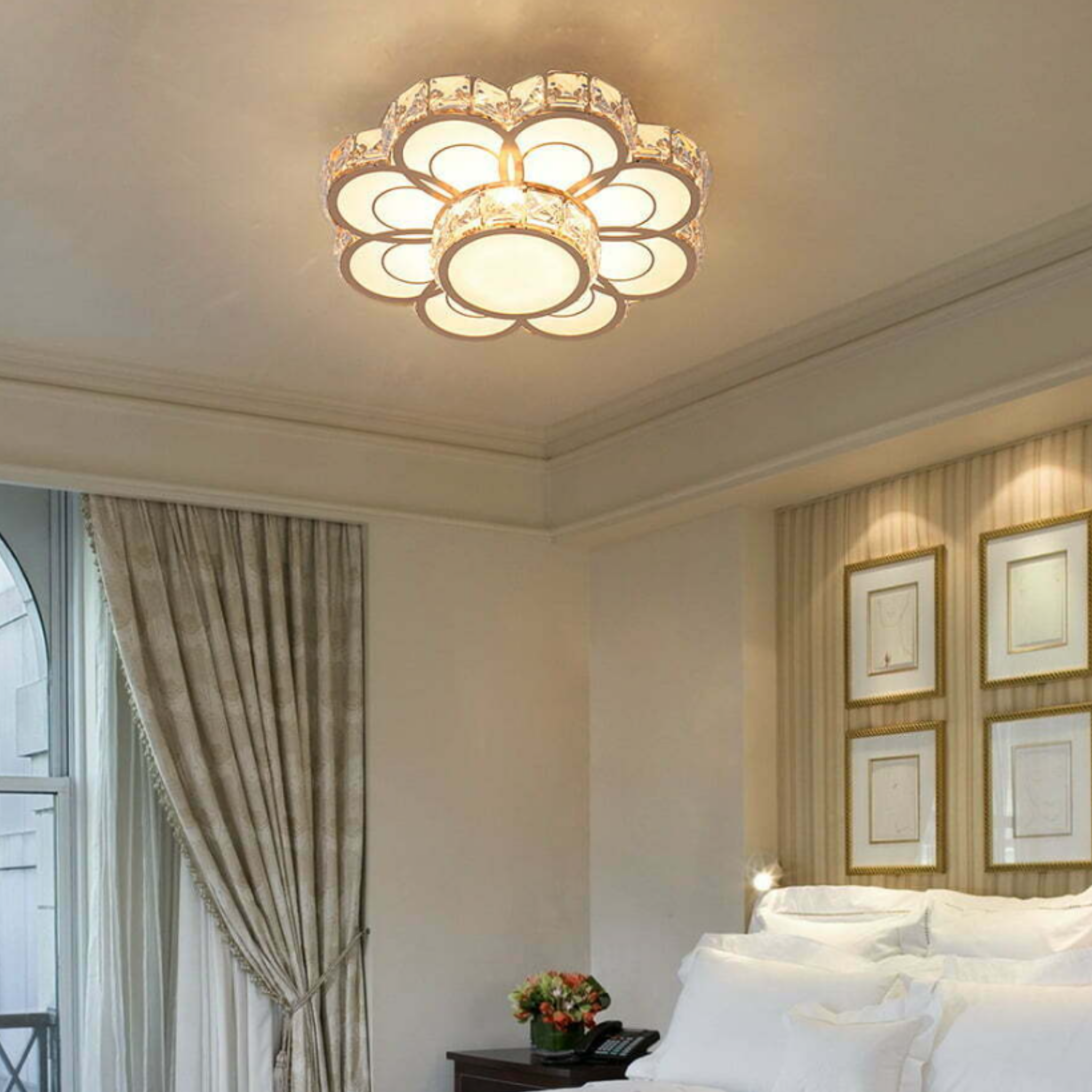 Luxury crystal flower LED flush mount ceiling light in a bedroom