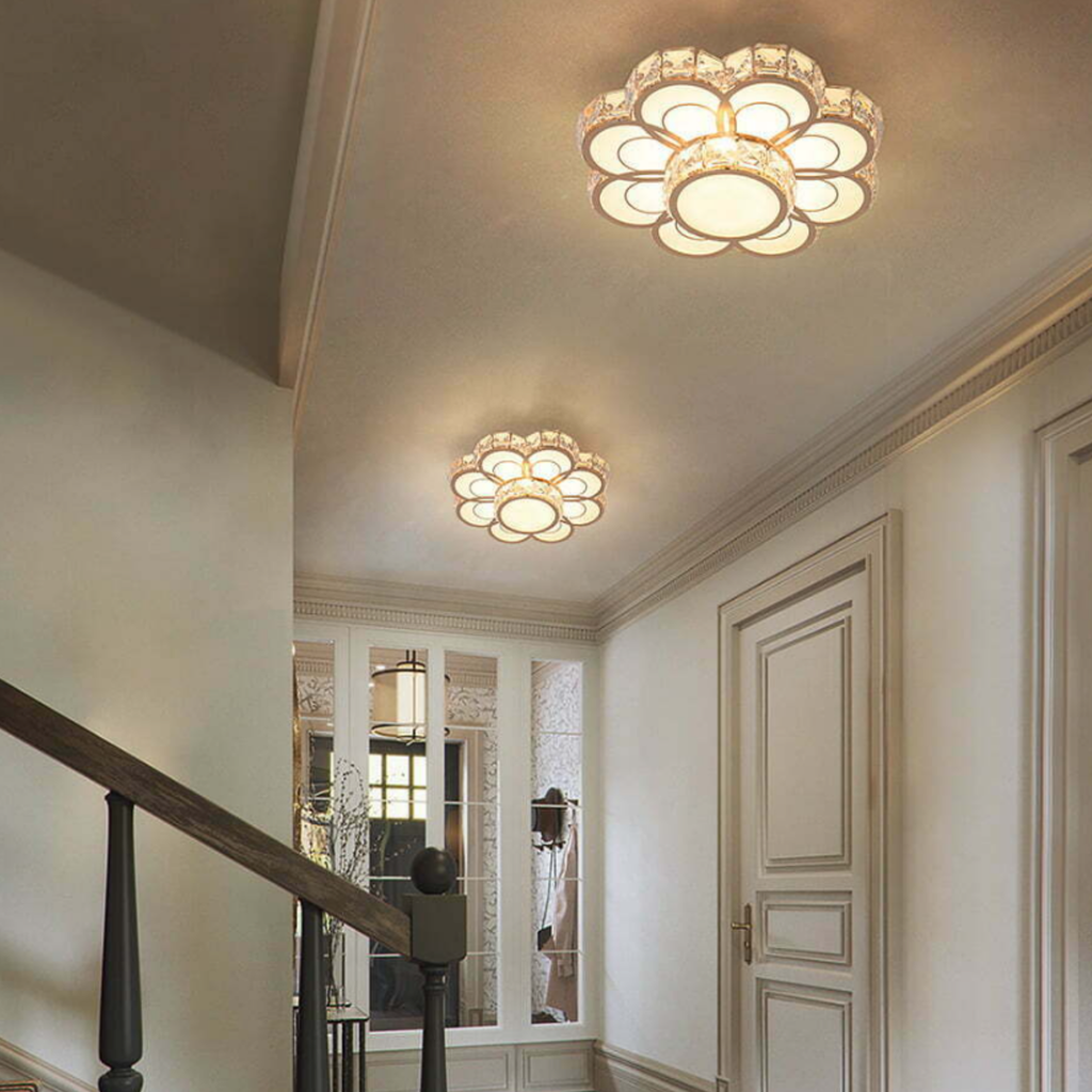 Luxury crystal flower LED flush mount ceiling light in an entryway