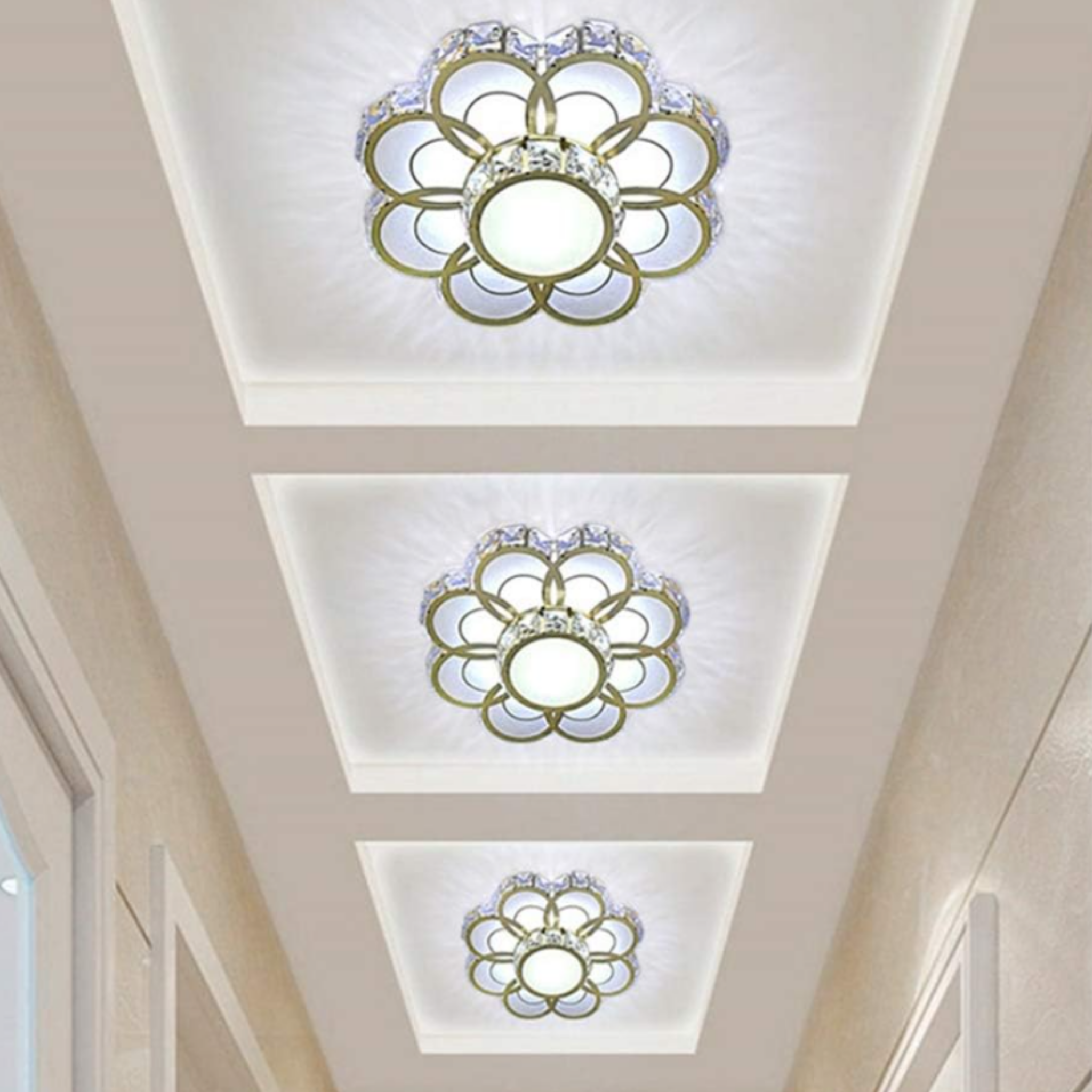 Luxury crystal flower LED flush mount ceiling light in a hallway