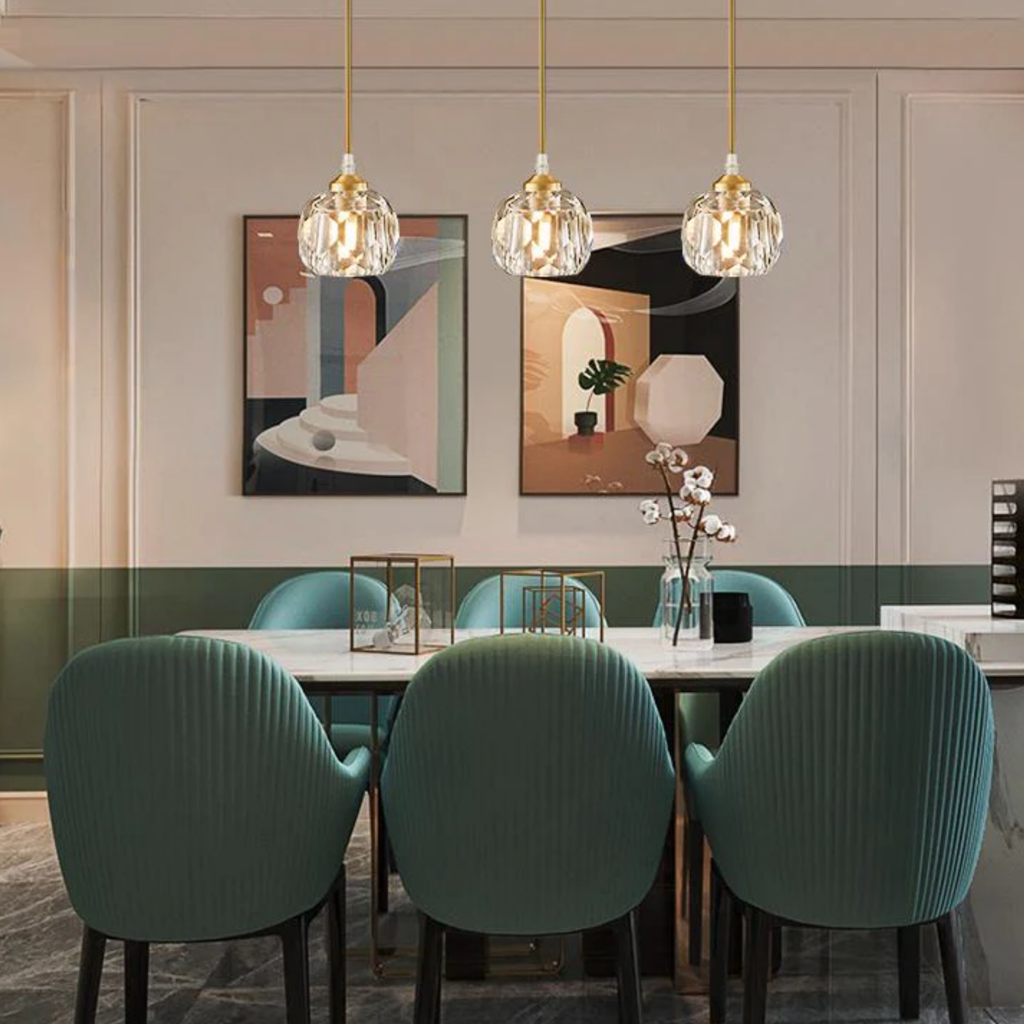 Luxury crystal globe pendant ceiling light above a dining table