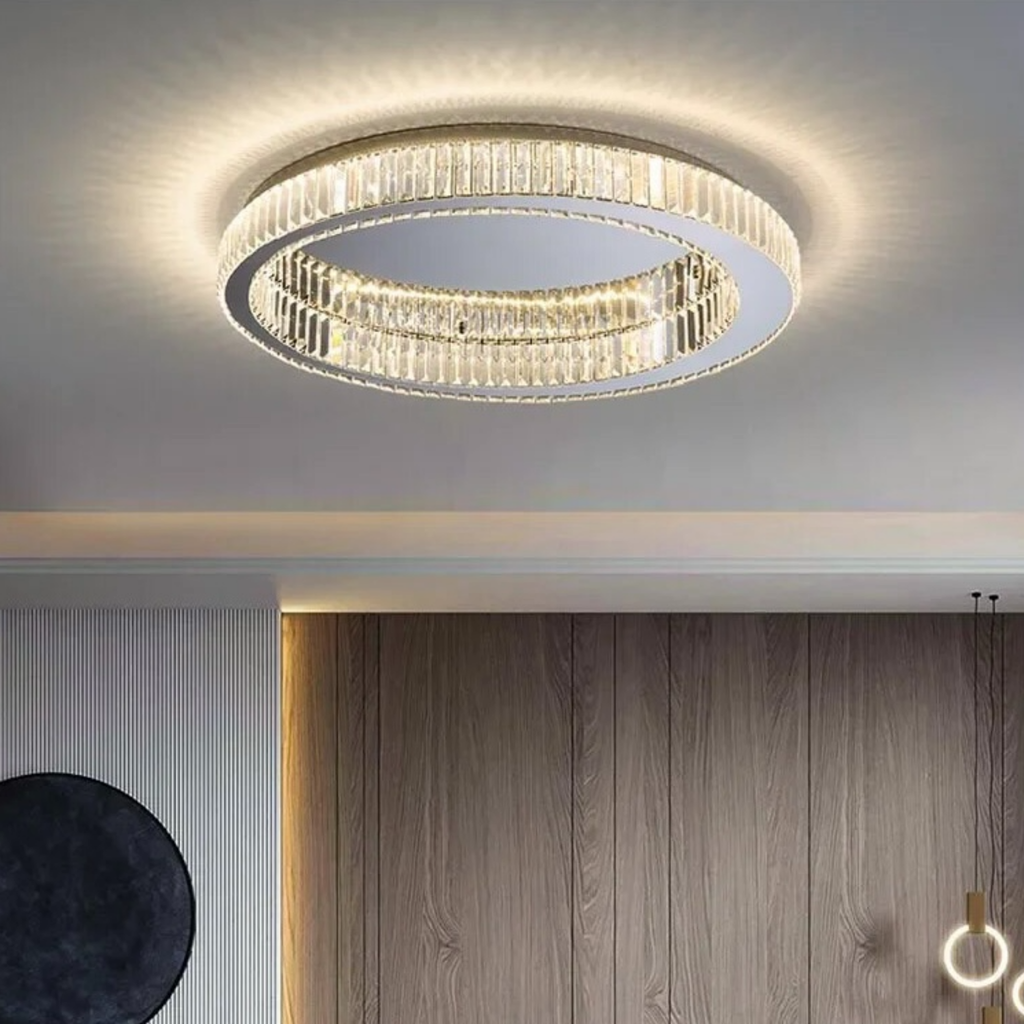Luxury crystal LED flush mount ceiling light in a living room