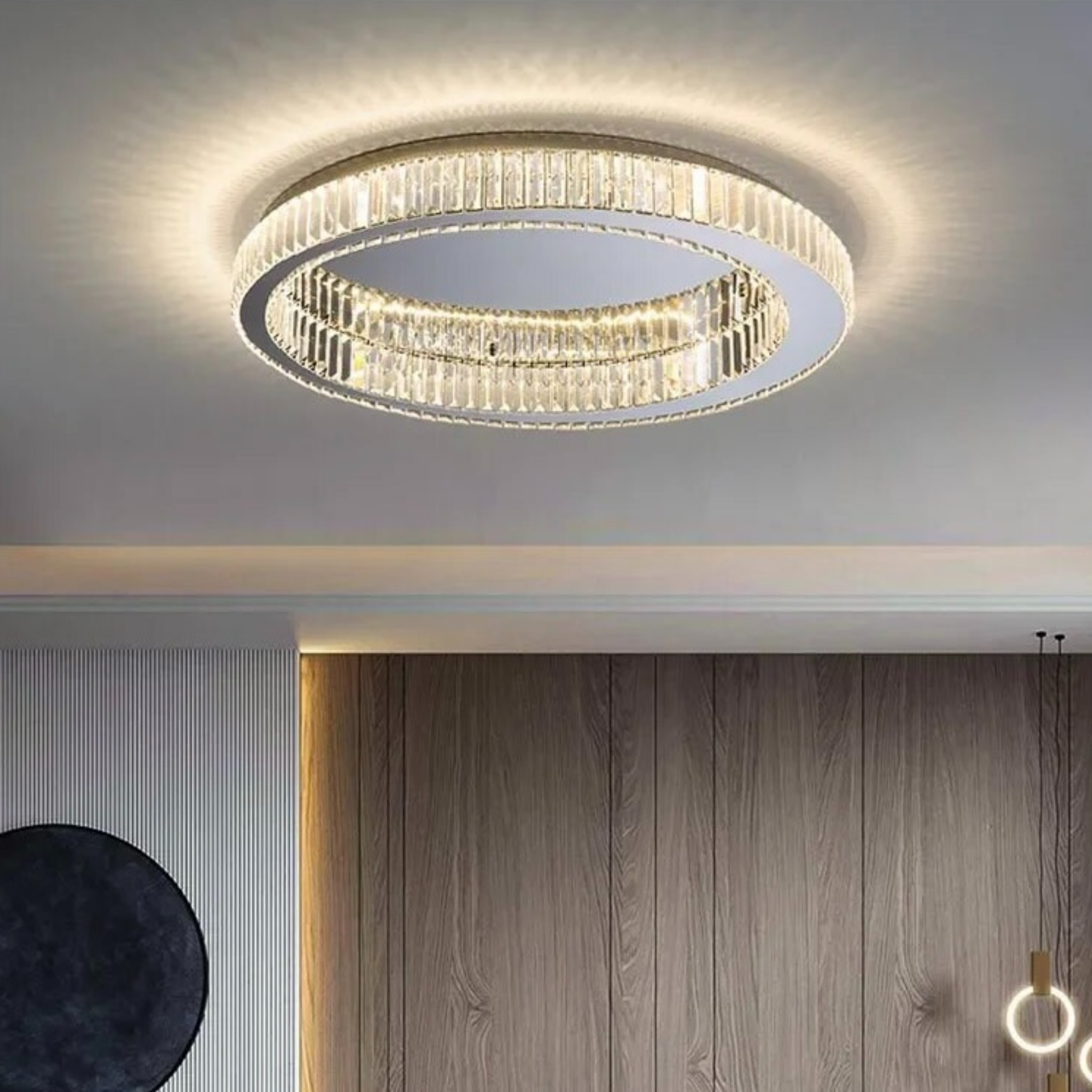Luxury crystal LED flush mount ceiling light in a living room