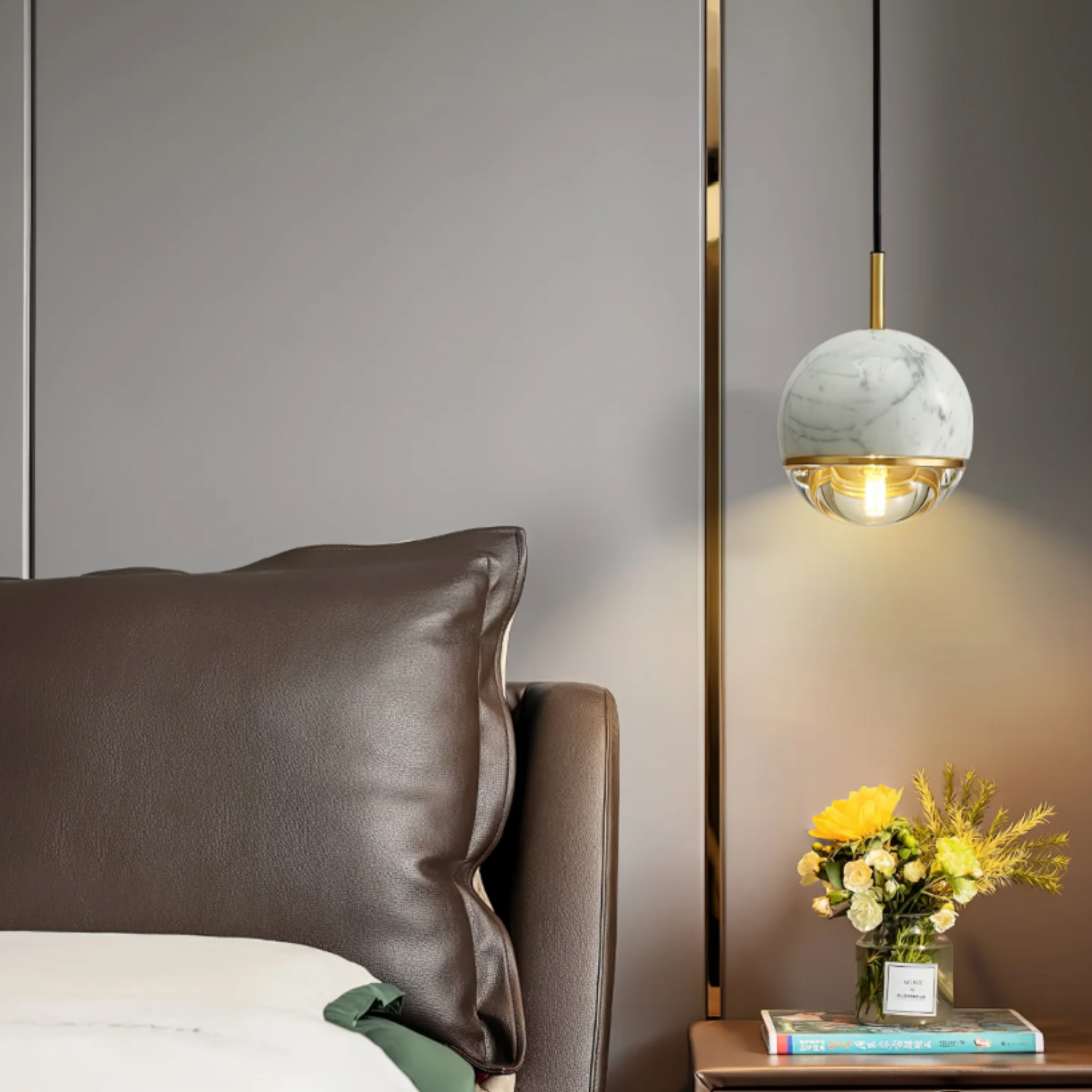 White luxury marble globe pendant ceiling light in a bedroom