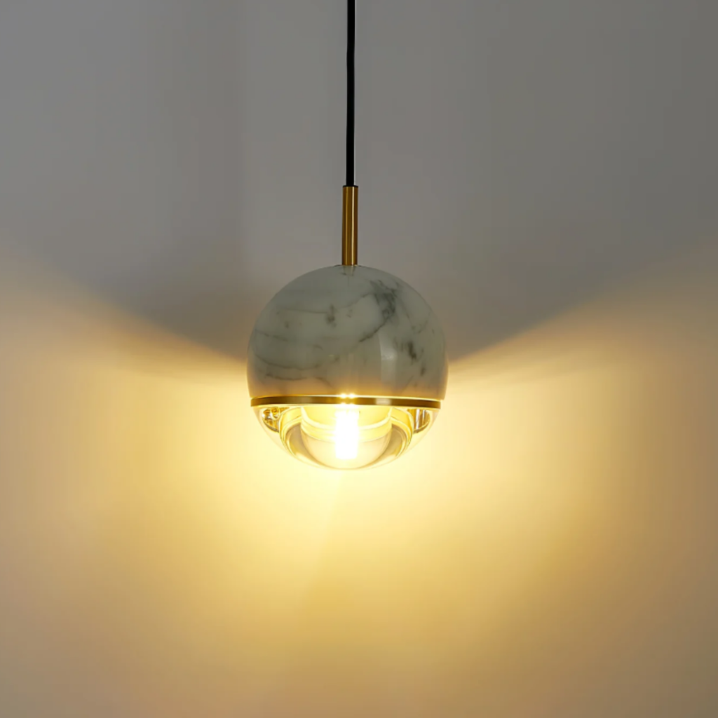 Luxury white marble globe pendant ceiling light turned on