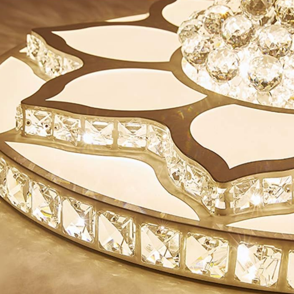 Angled view of the luxury round crystal LED flush mount ceiling light