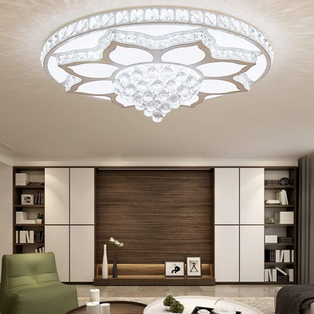 Luxury round crystal LED flush mount ceiling light in a cabinet