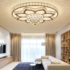 Luxury round crystal LED flush mount ceiling light in a living room
