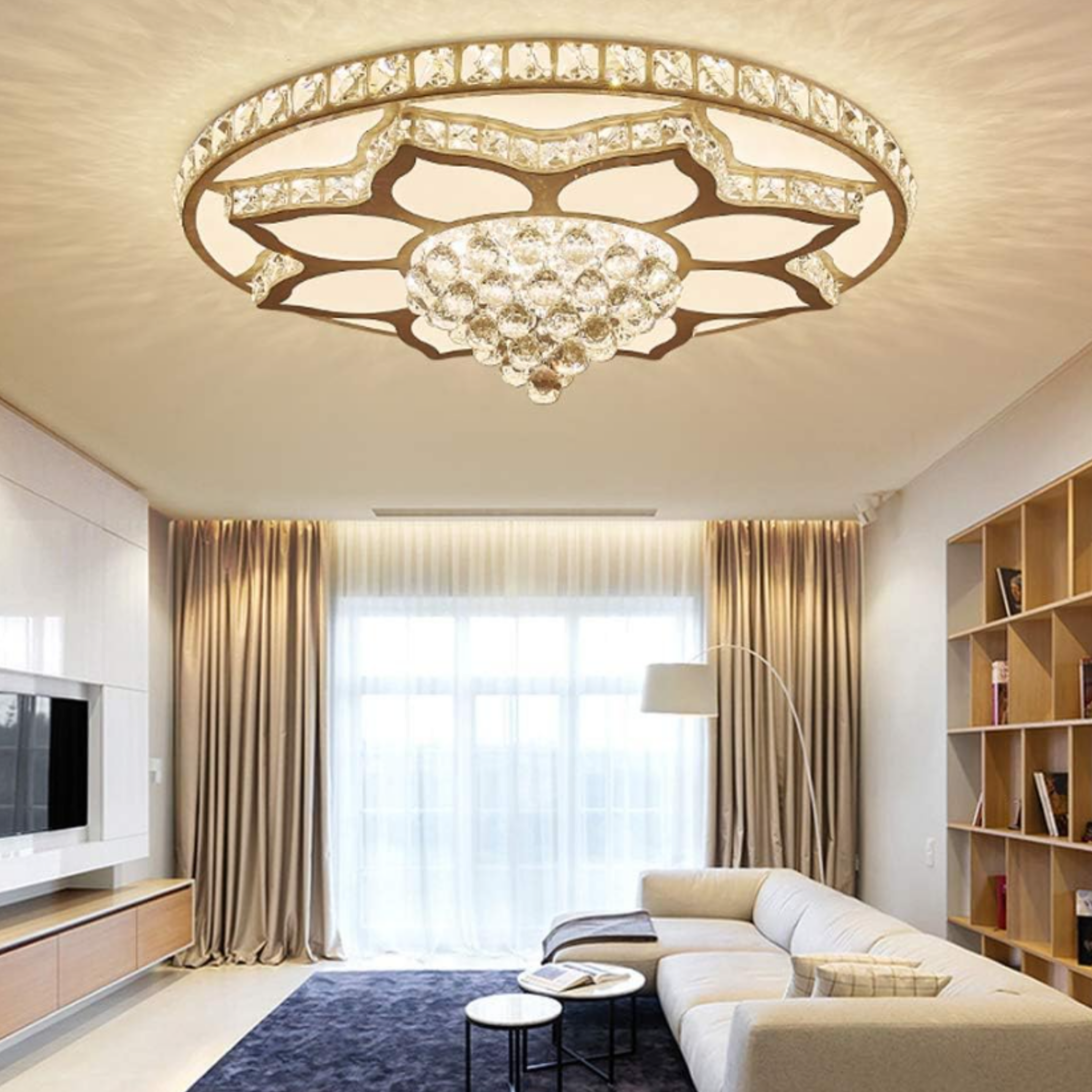 Luxury round crystal LED flush mount ceiling light in a living room
