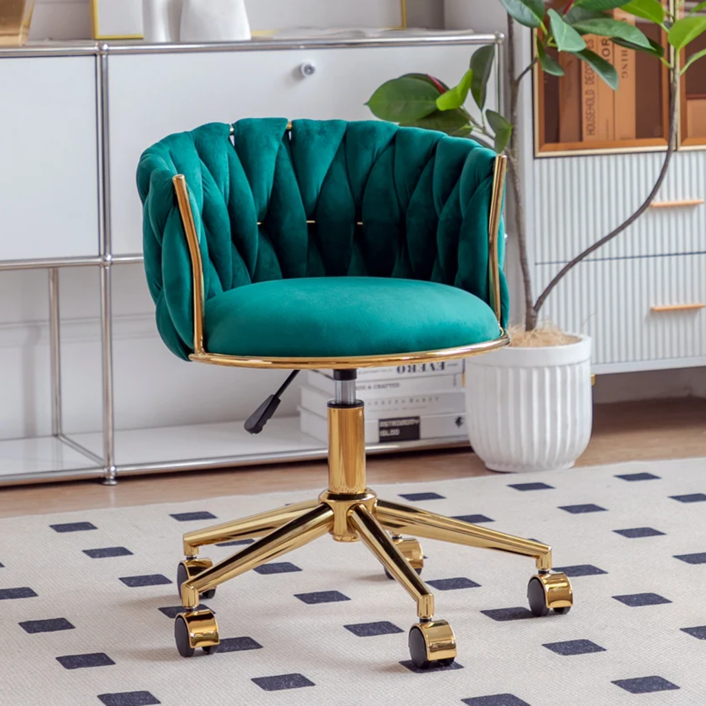 Green velvet accent chair for bedroom and dressing table