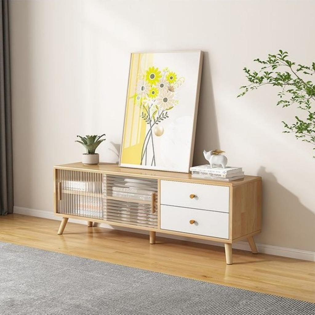 Minimalist TV stand with glass storage