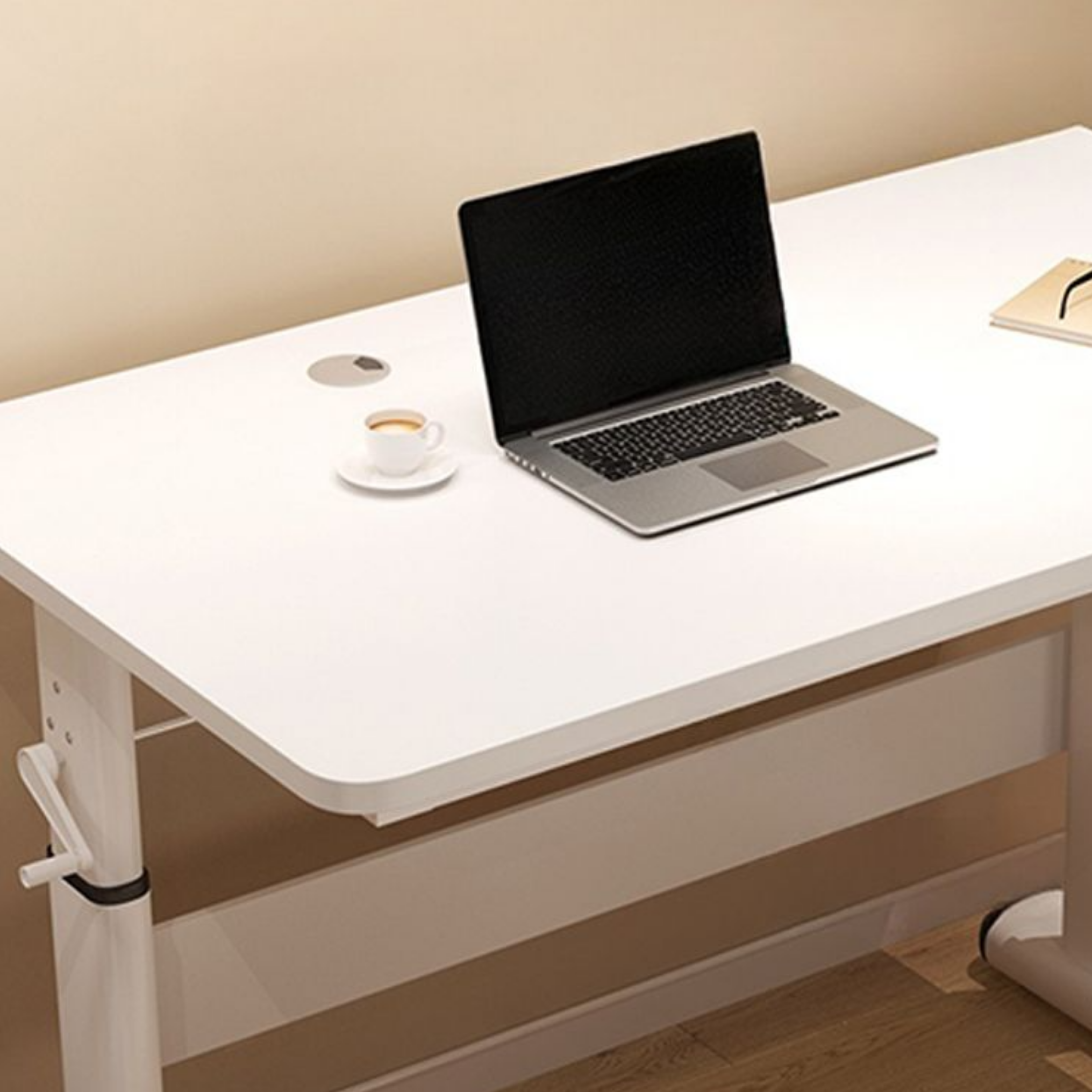 Close-up of the MDF tabletop on the modern adjustable desk
