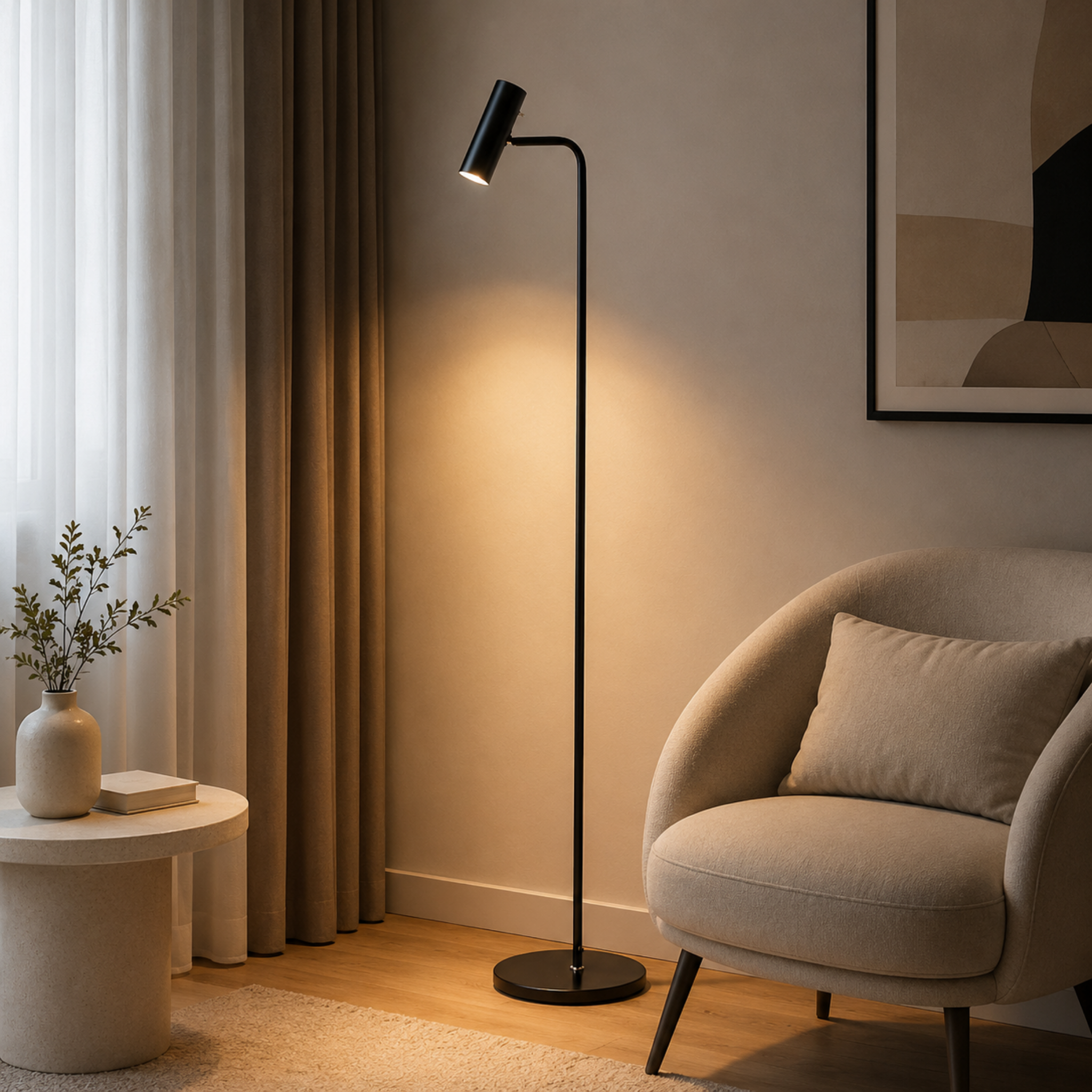 Modern adjustable LED floor lamp next to a lounge chair