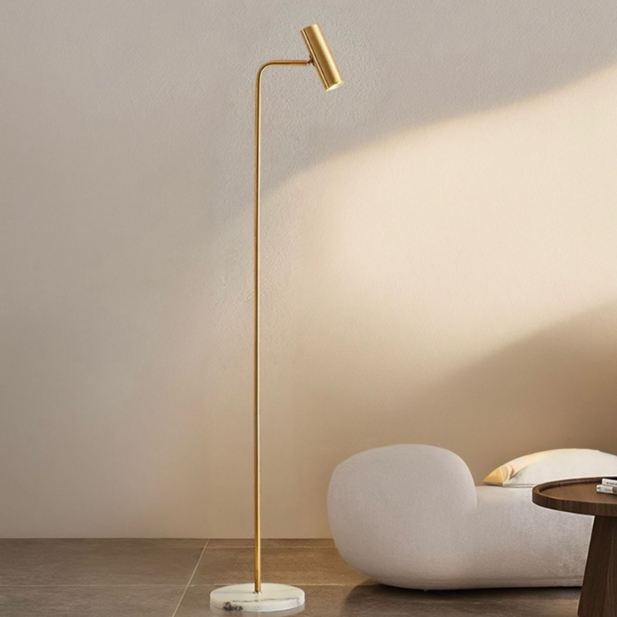 Modern adjustable LED floor lamp in a minimalist home
