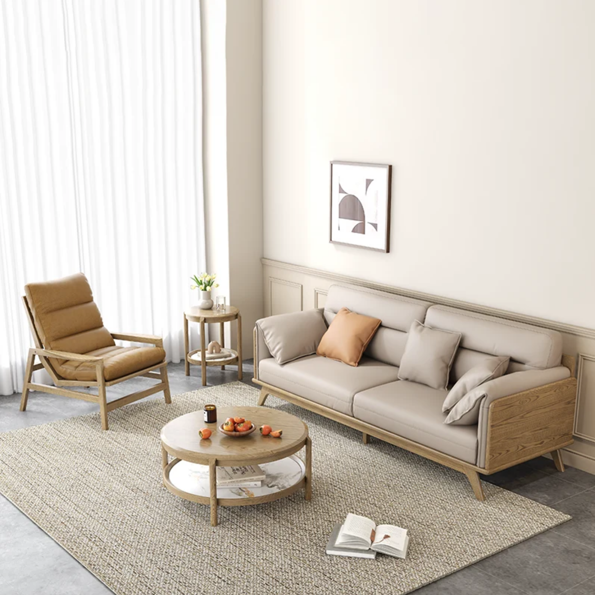 Modern ash wood sofa in a living room