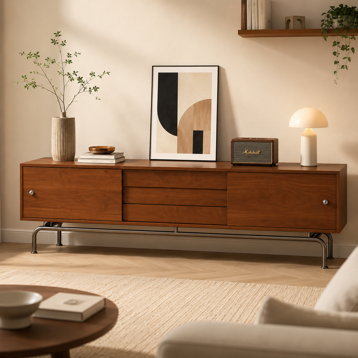 Modern boho TV console with built-in storage cabinets for organizing media devices and living room accessories.