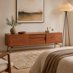 Modern boho TV console with built-in storage cabinets for organizing media devices and living room accessories.