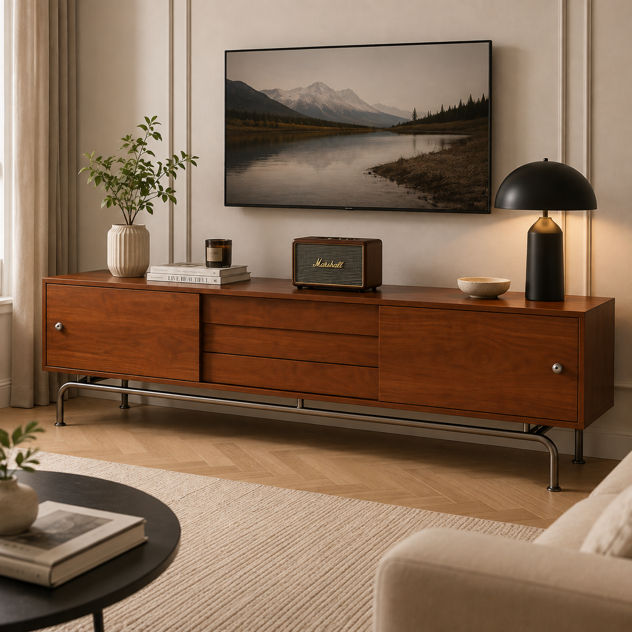 Modern boho TV console with built-in storage cabinets for organizing media devices and living room accessories.