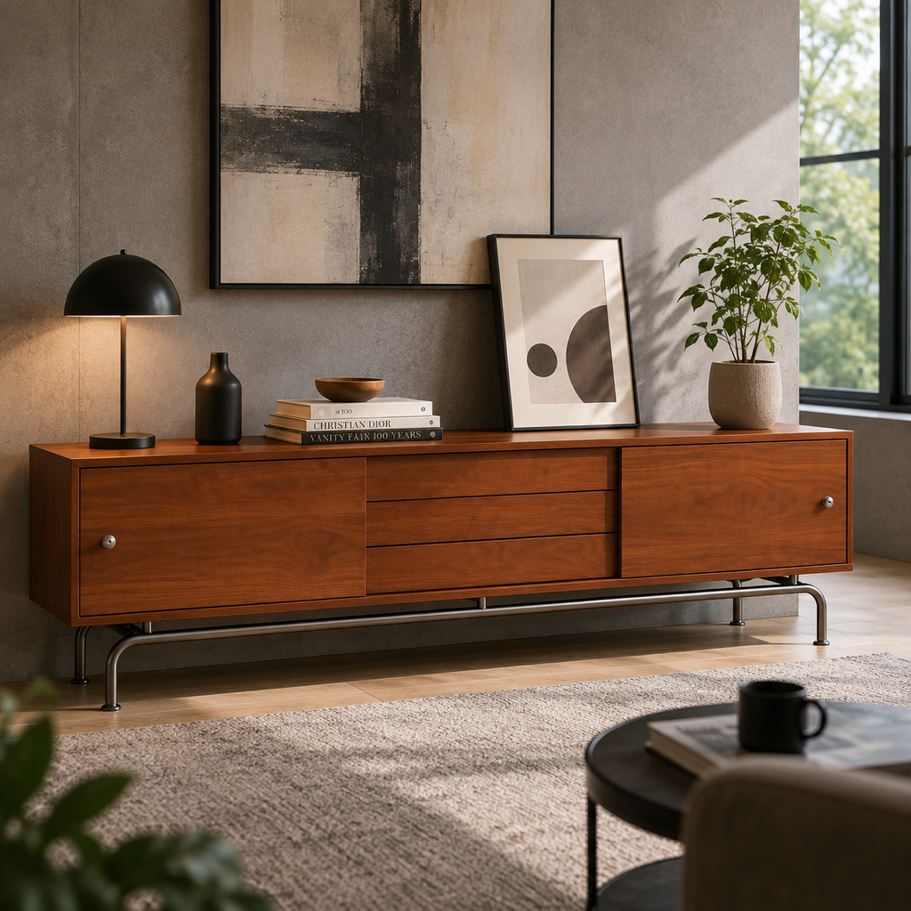 Modern boho TV console with built-in storage cabinets for organizing media devices and living room accessories.