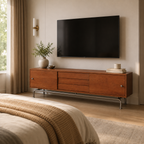 Modern boho TV console with built-in storage cabinets for organizing media devices and living room accessories.