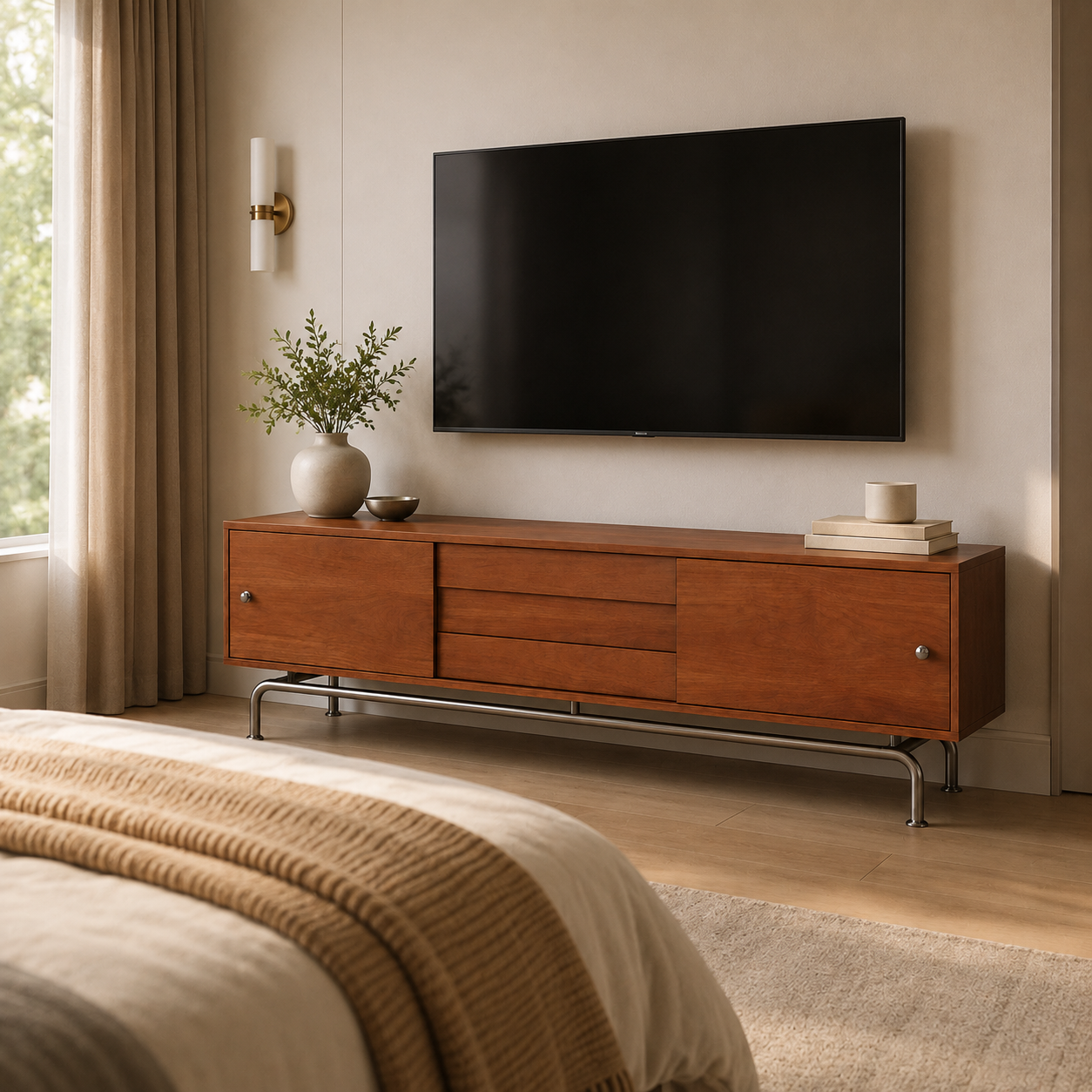 Modern boho TV console with built-in storage cabinets for organizing media devices and living room accessories.
