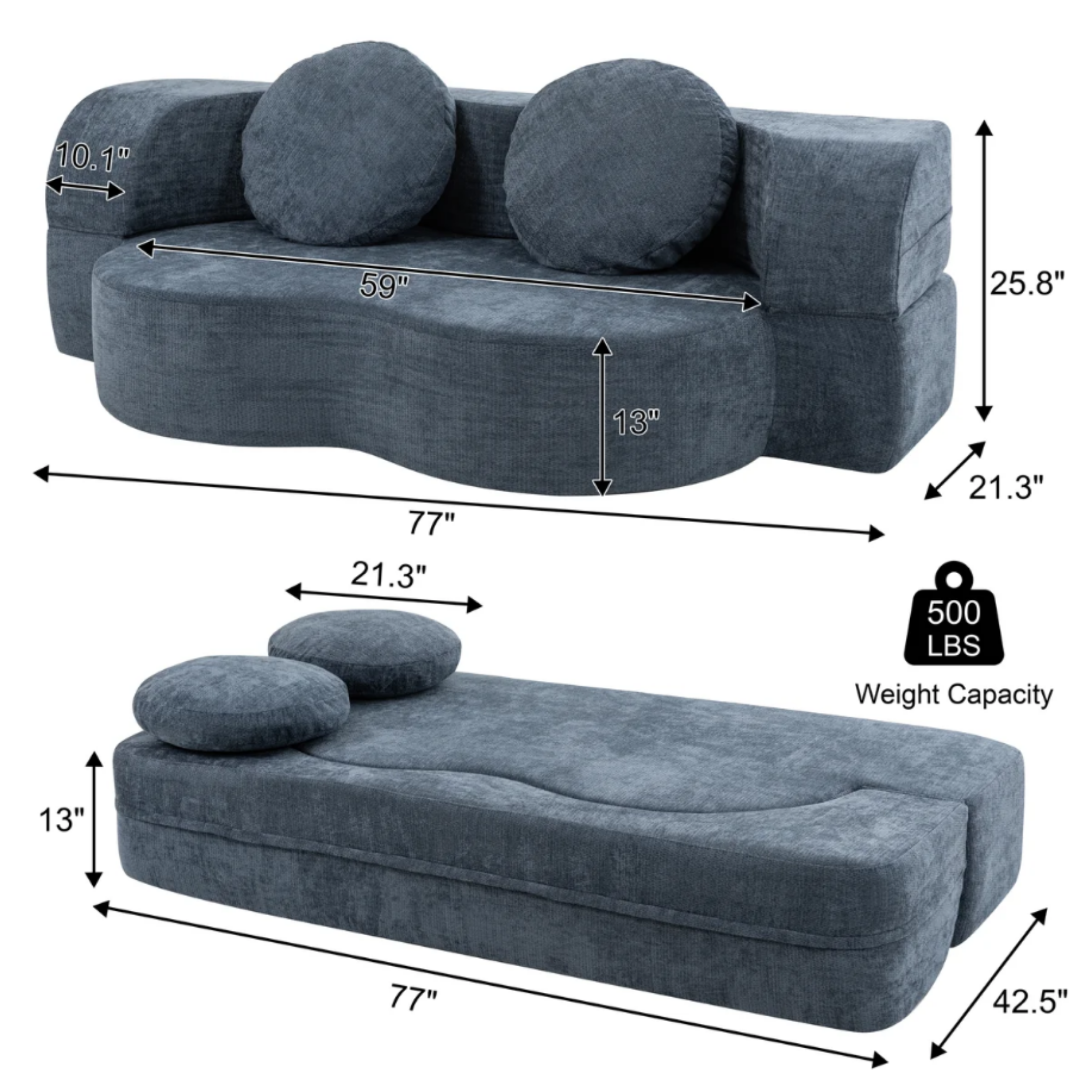 Dimensions of the modern chenille convertible sofa bed
