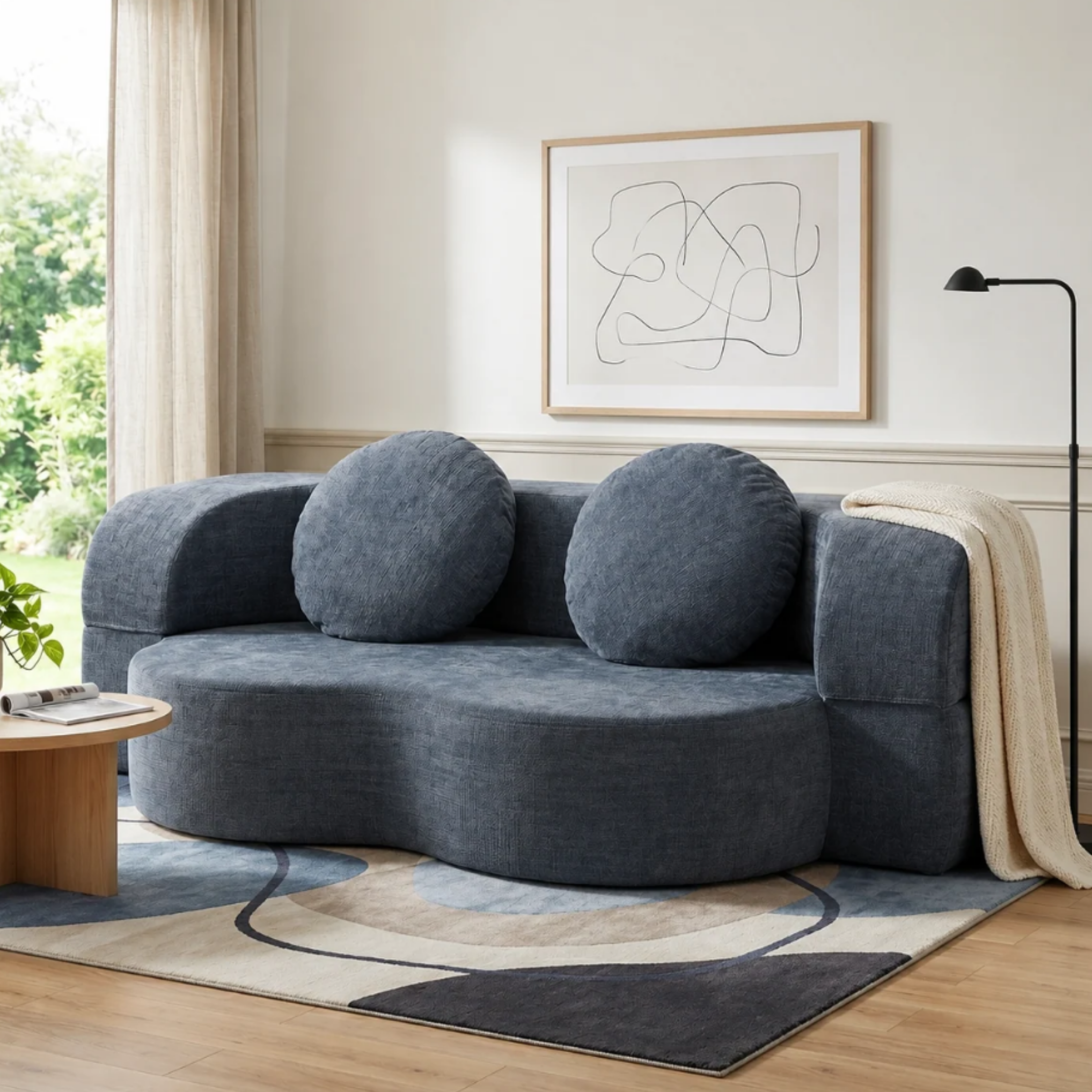 Modern chenille sofa bed in a living room