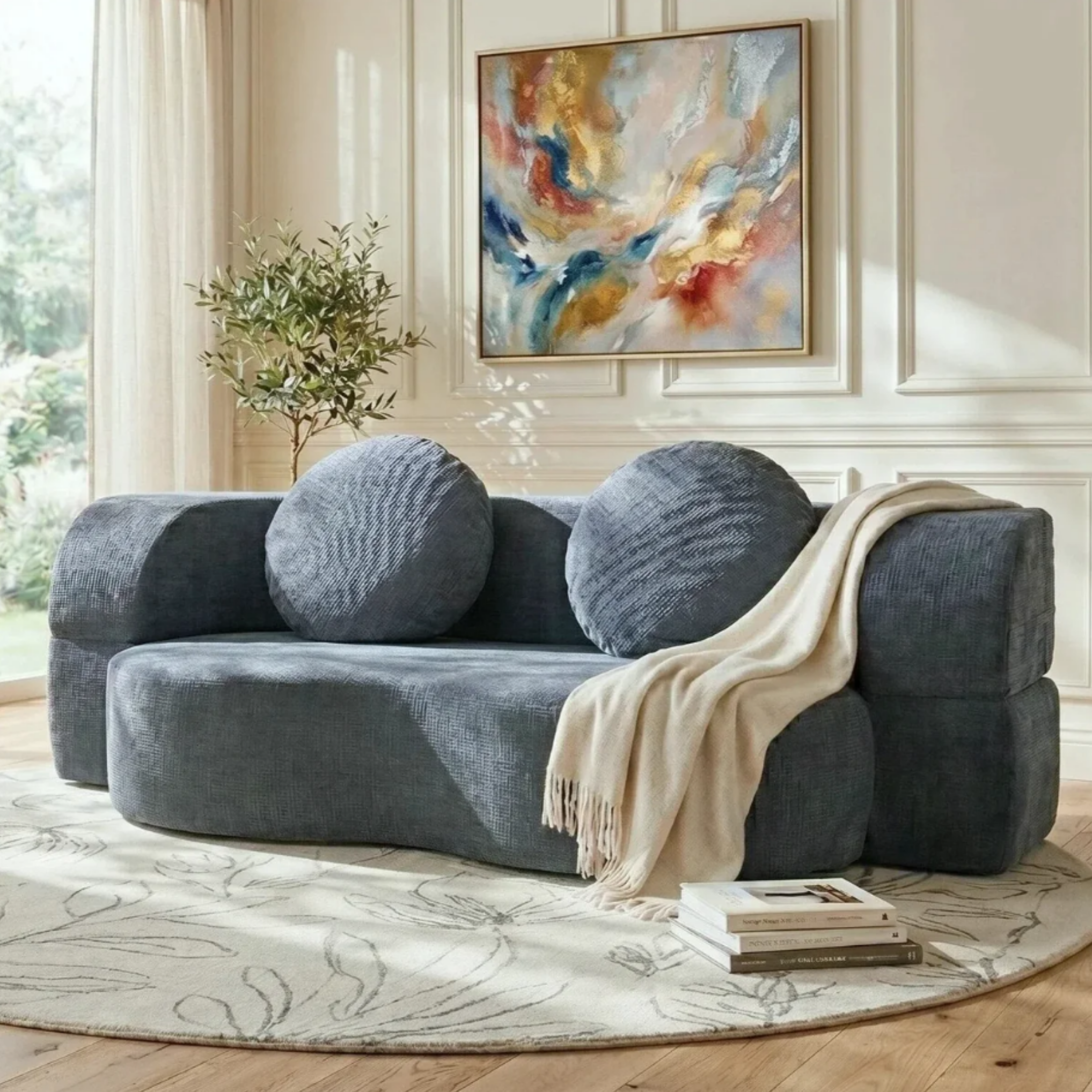 Modern chenille sofa bed in a contemporary interior