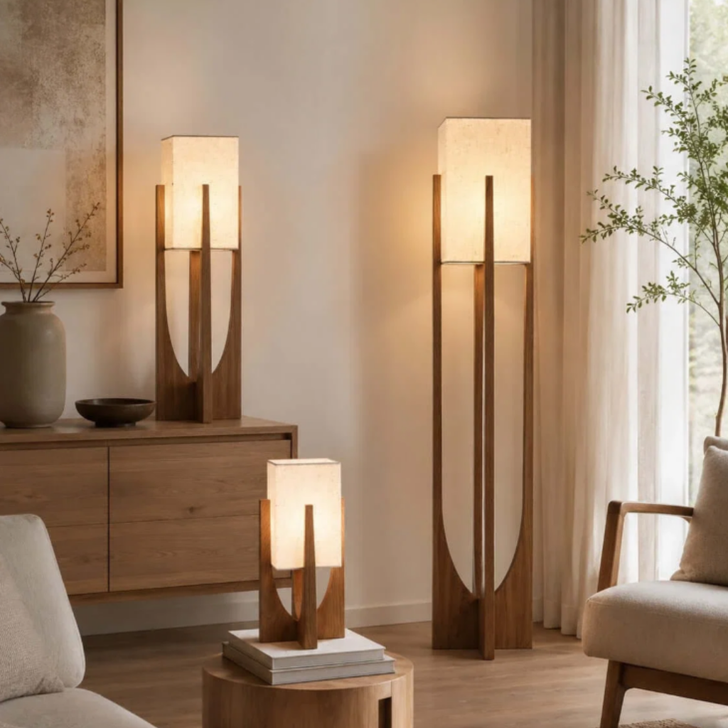 3 types of the modern Chinese style wooden floor lamp with fabric shade