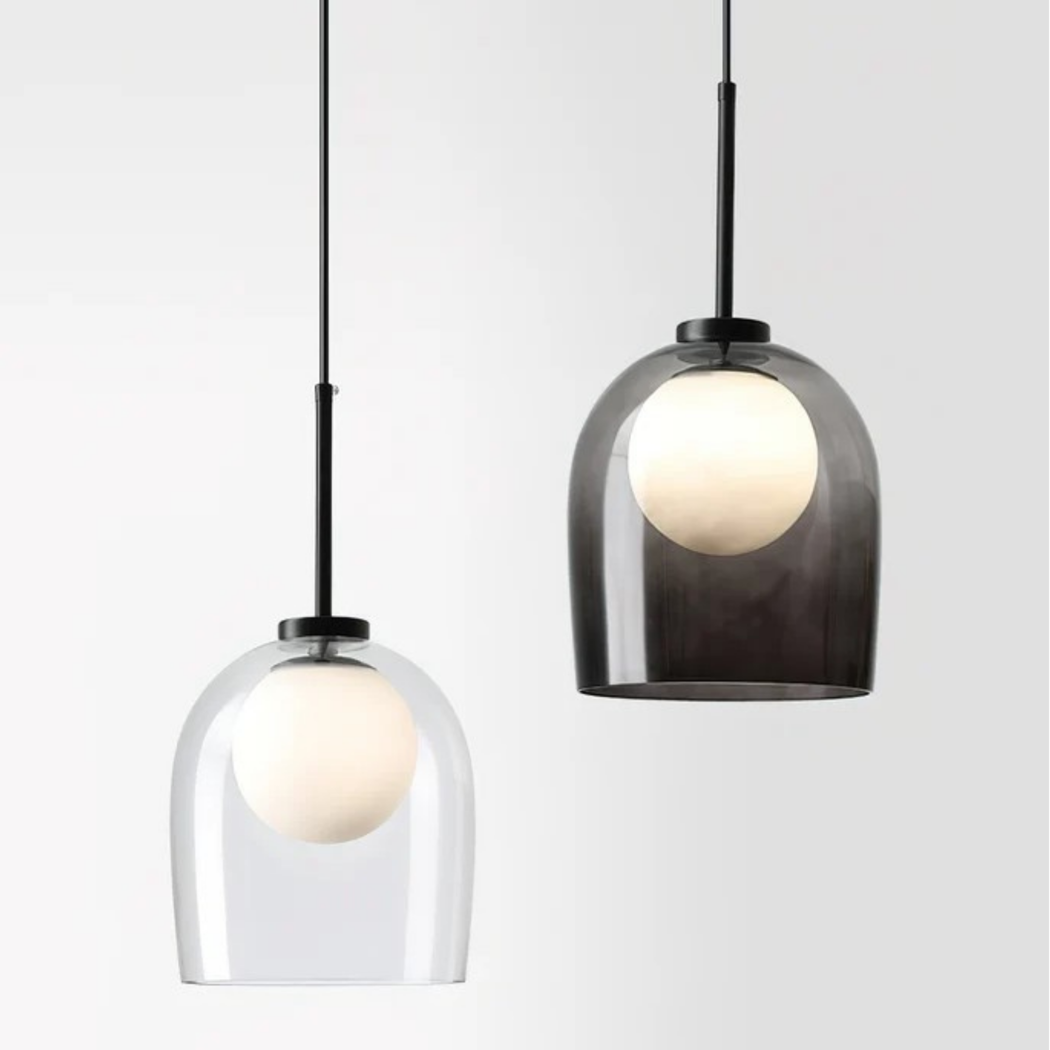 Modern glass bell pendant ceiling light in clear and smoke gray glass