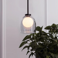 Modern clear glass bell pendant ceiling light beside a wall and potted plant