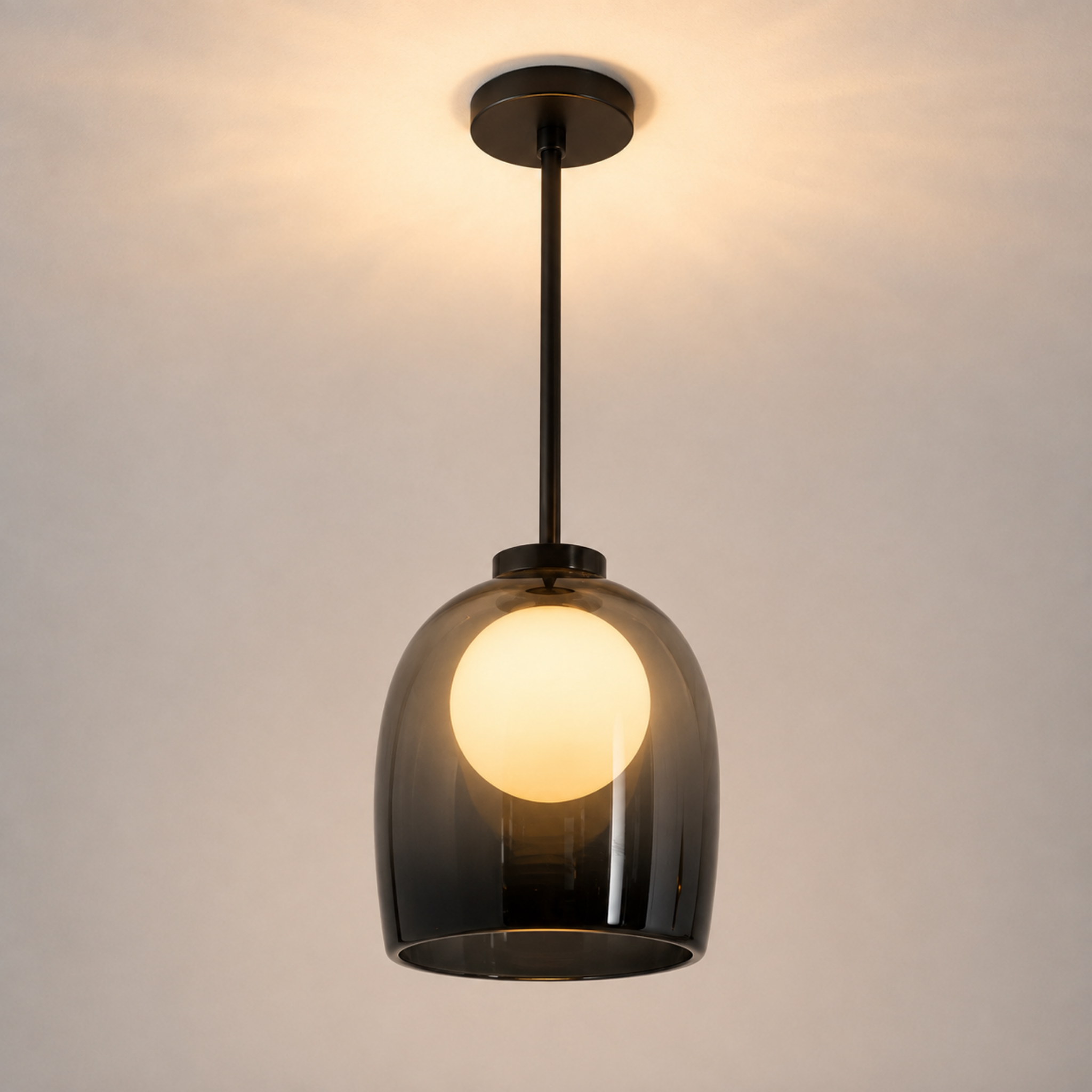 Modern clear glass bell pendant ceiling light with smoke gray glass
