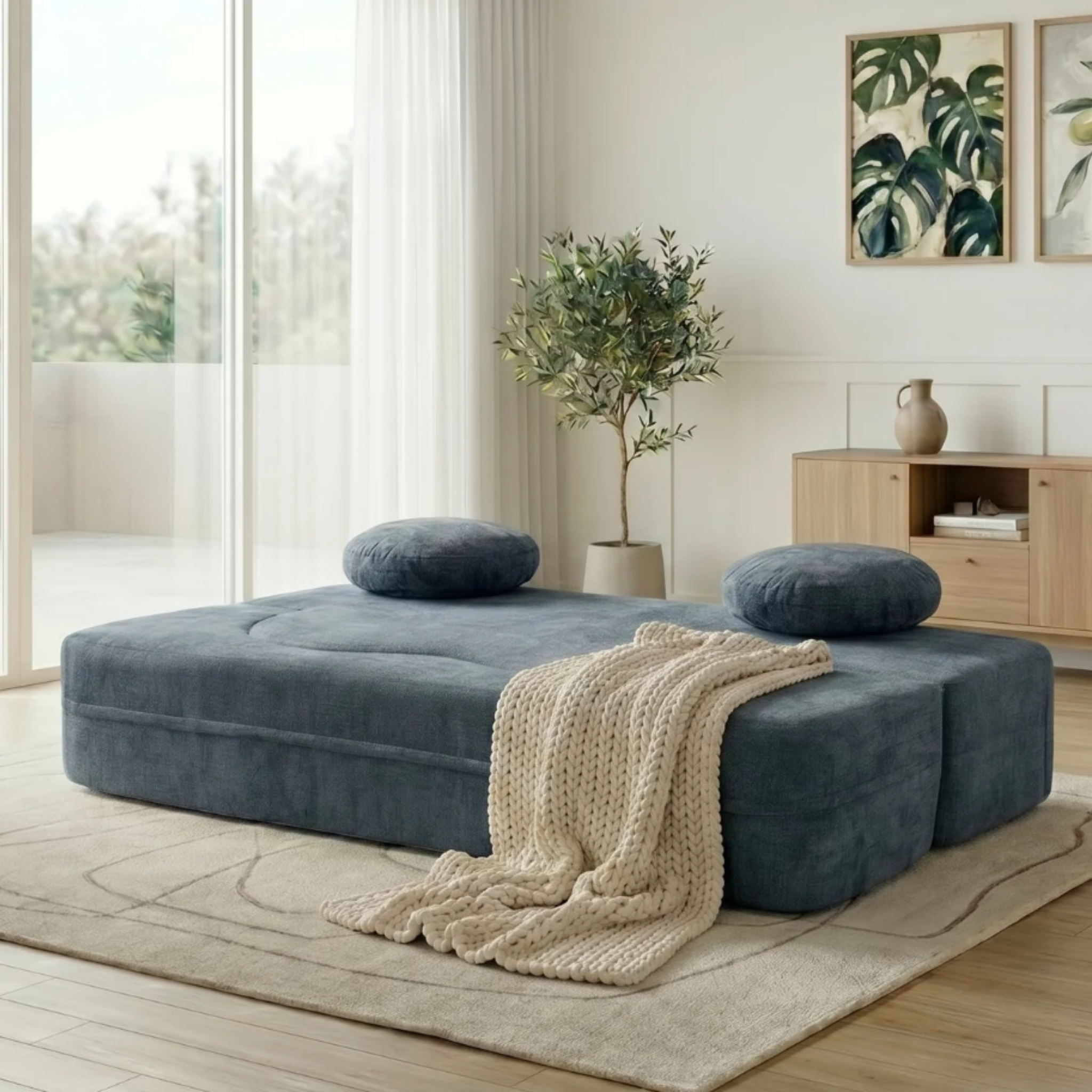 Modern convertible sofa transformed into a sleeper