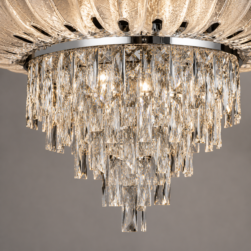 Close-up of crystals on the ceiling light