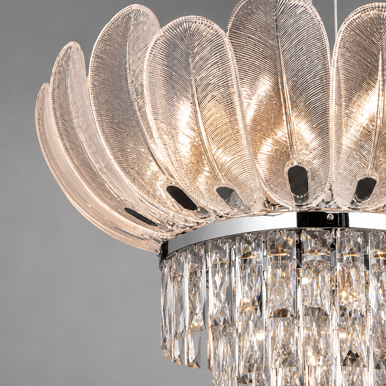 Close-up of crystal and glass details on the ceiling light