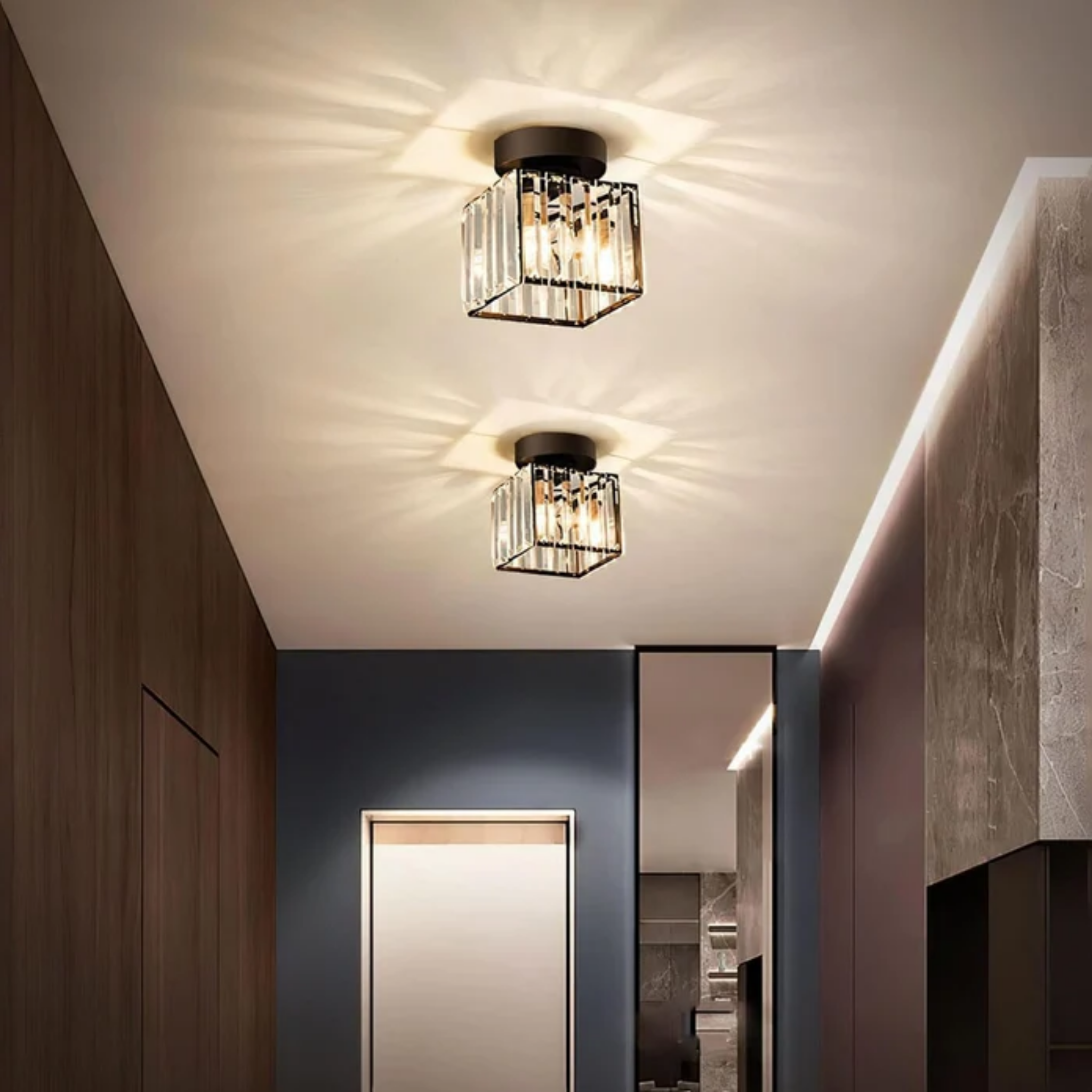 Modern crystal ceiling light in an entryway