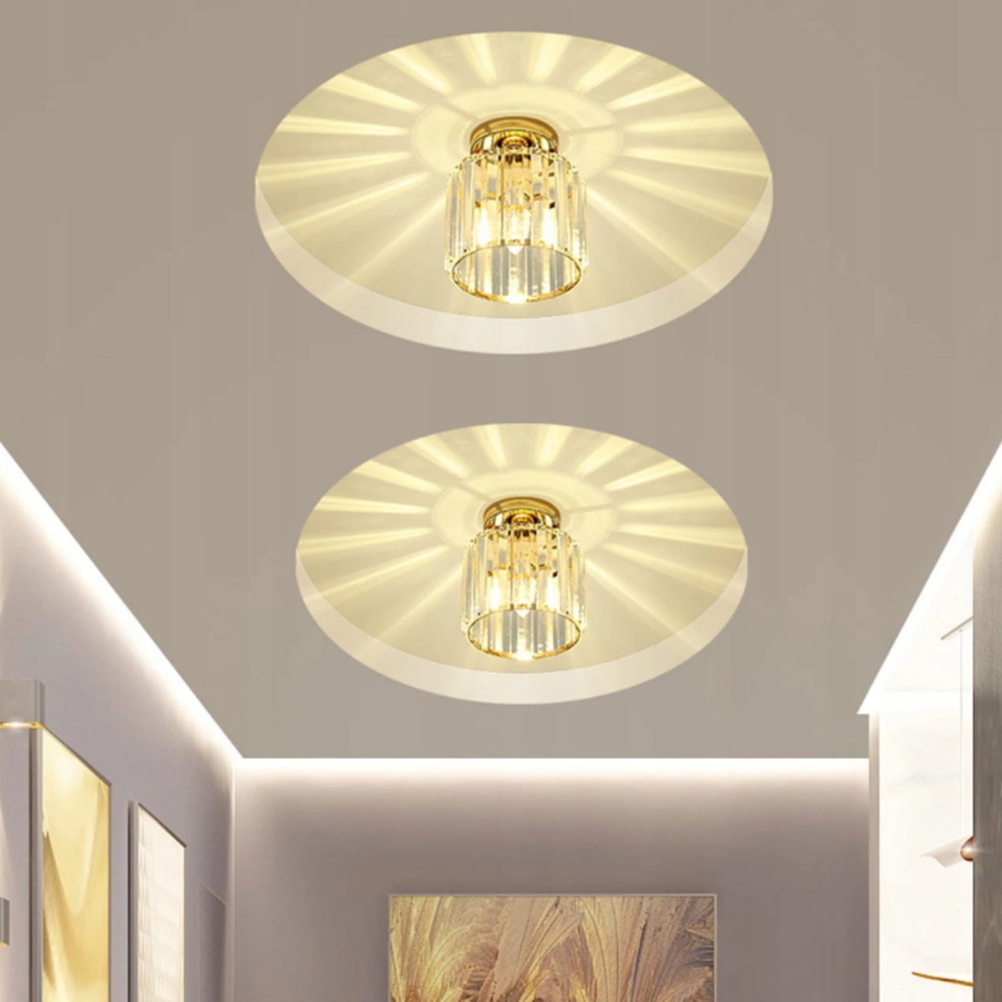 Modern crystal ceiling light in a hallway