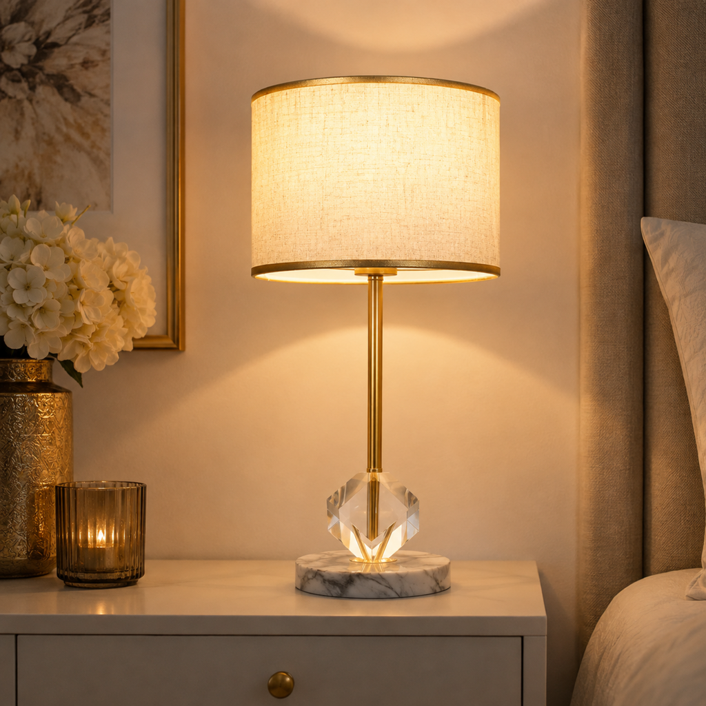 Modern crystal table lamp on a bedroom nightstand