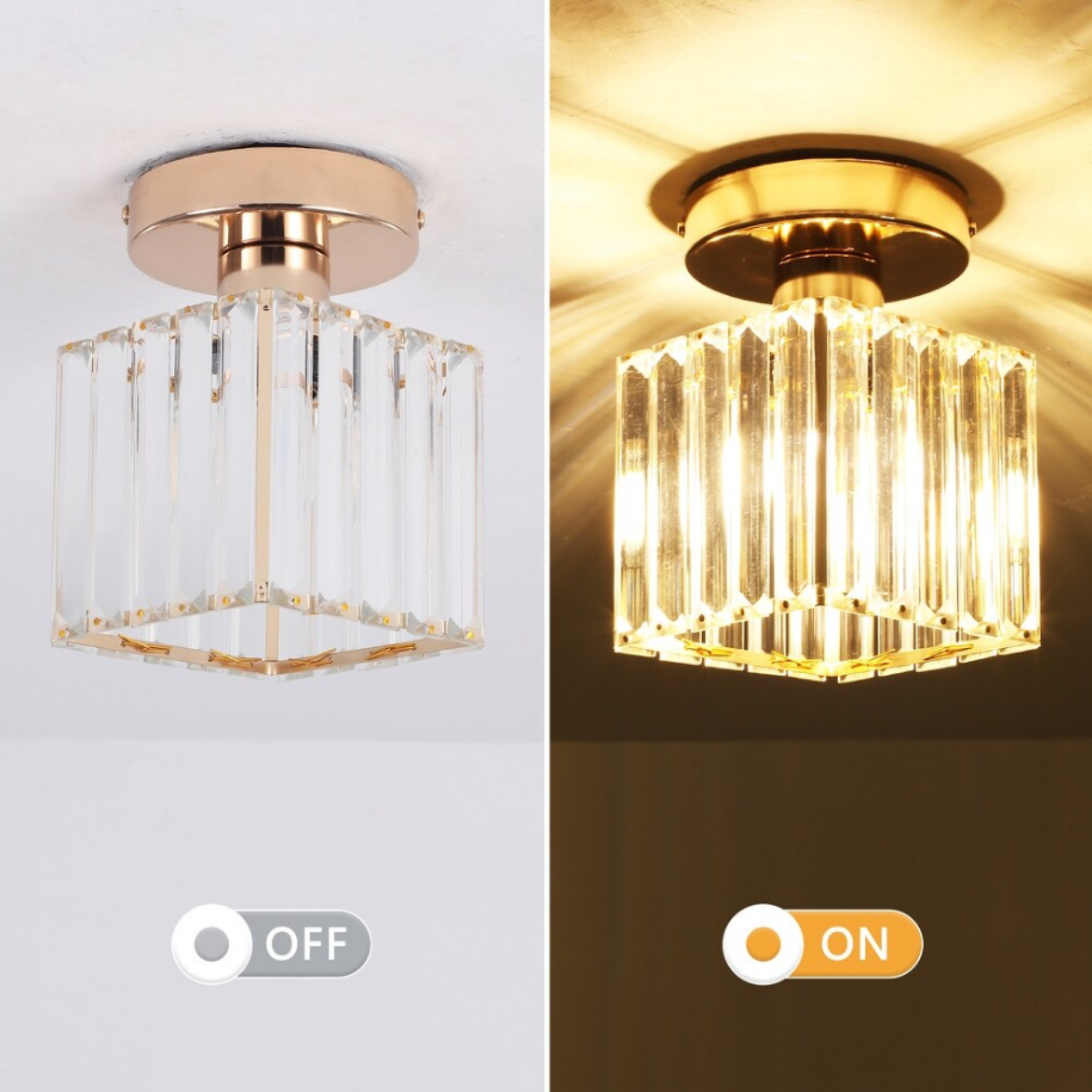 Modern square gold crystal ceiling light turned off