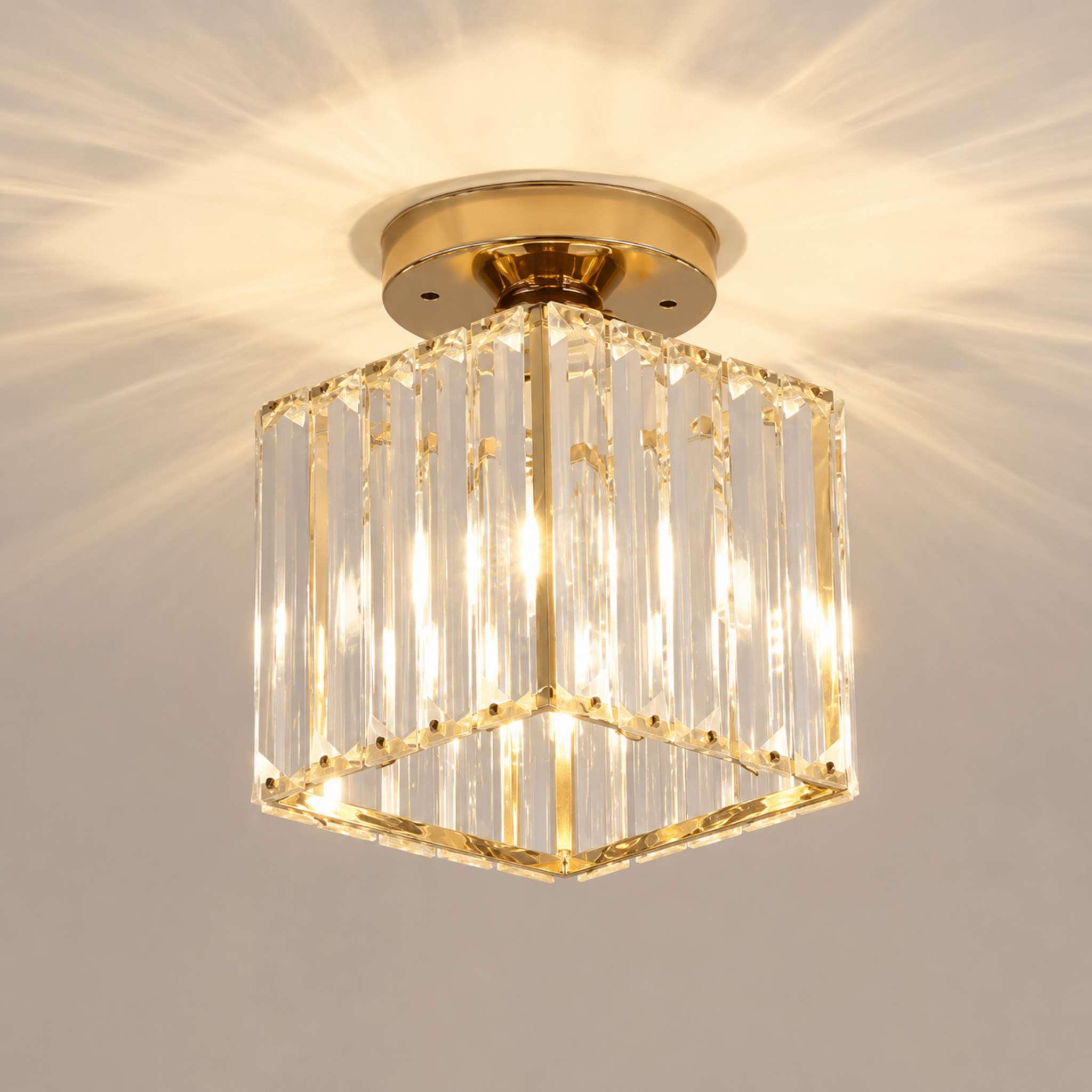 Modern square crystal ceiling light in gold