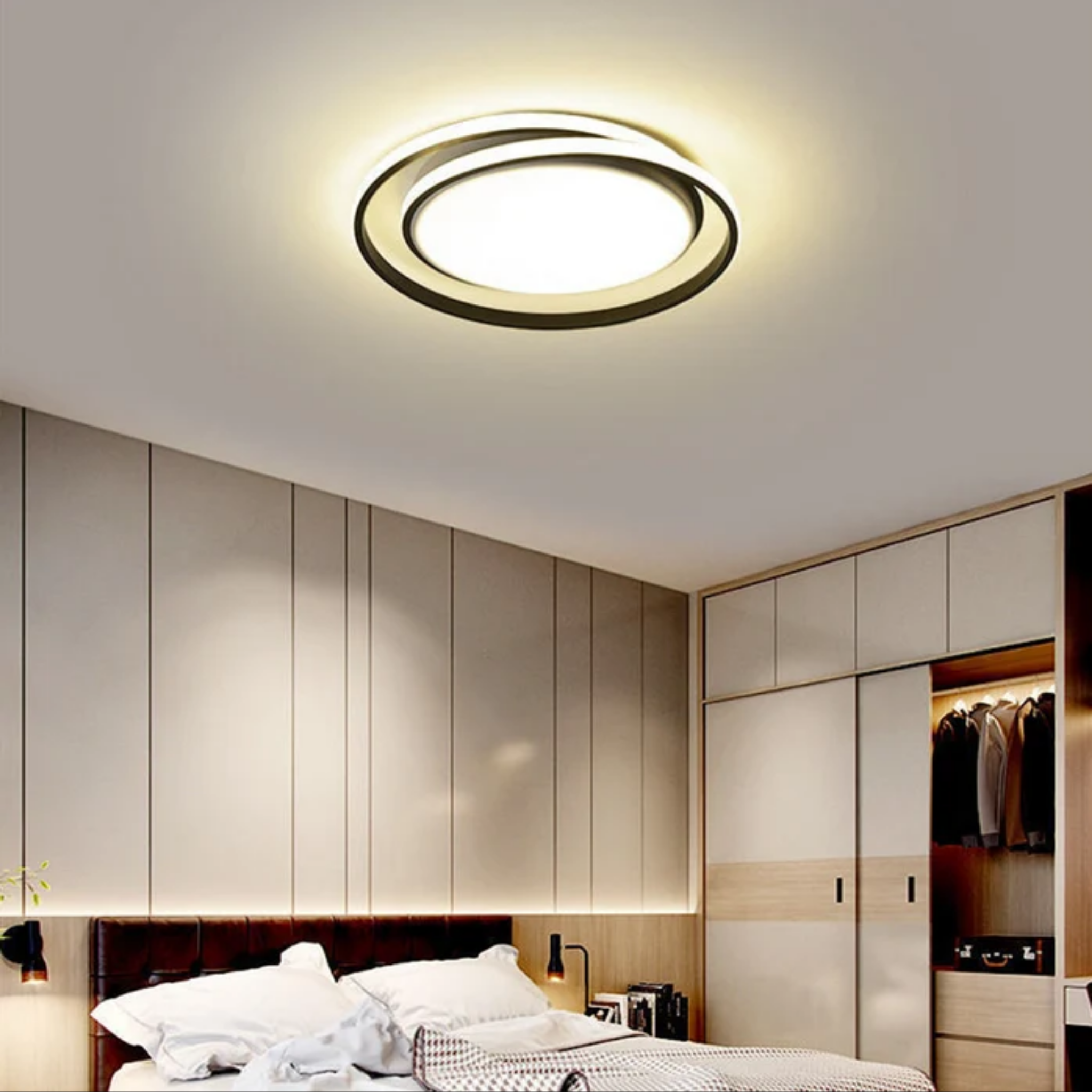Modern double round LED flush mount ceiling light in a bedroom