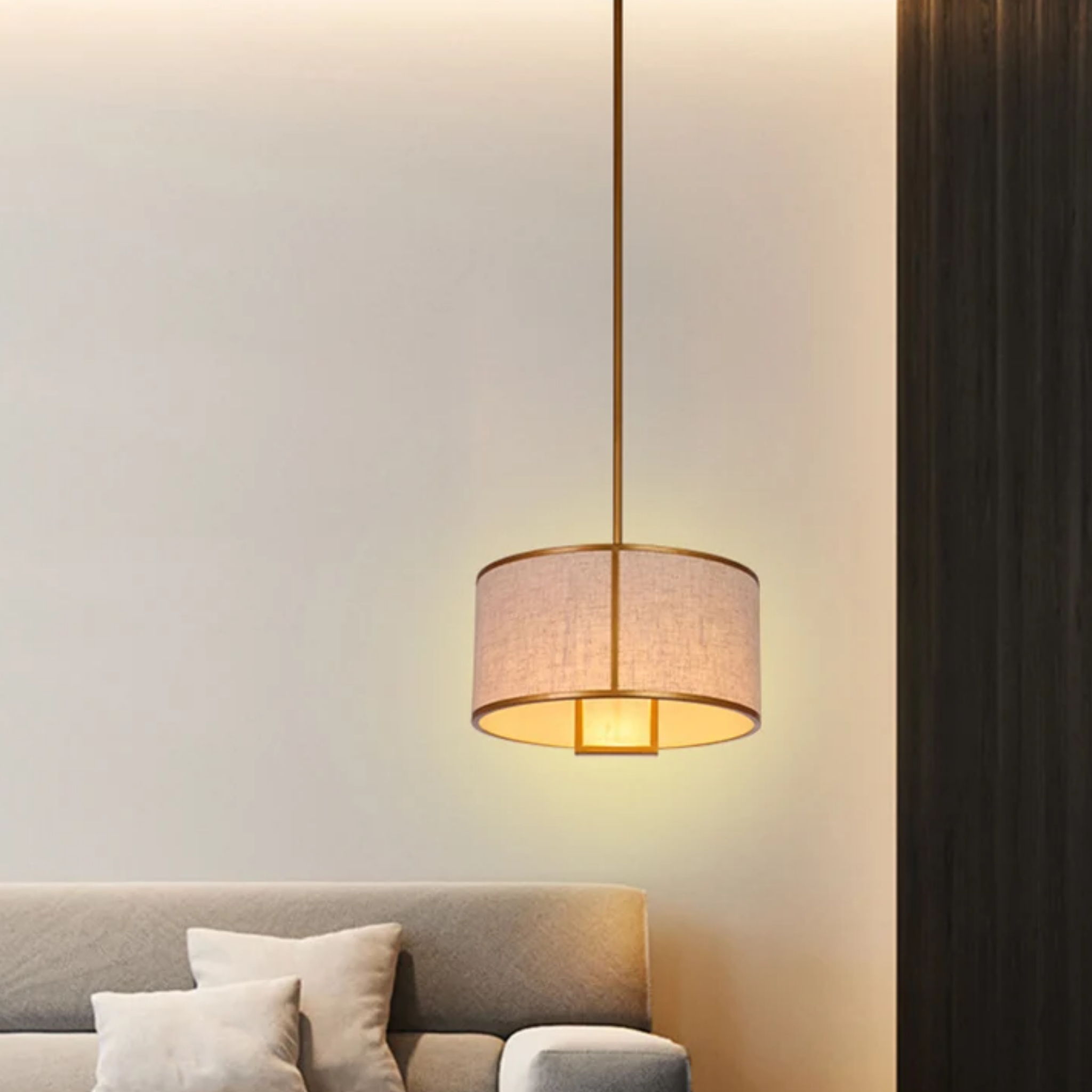 Modern fabric drum pendant ceiling light in a living room